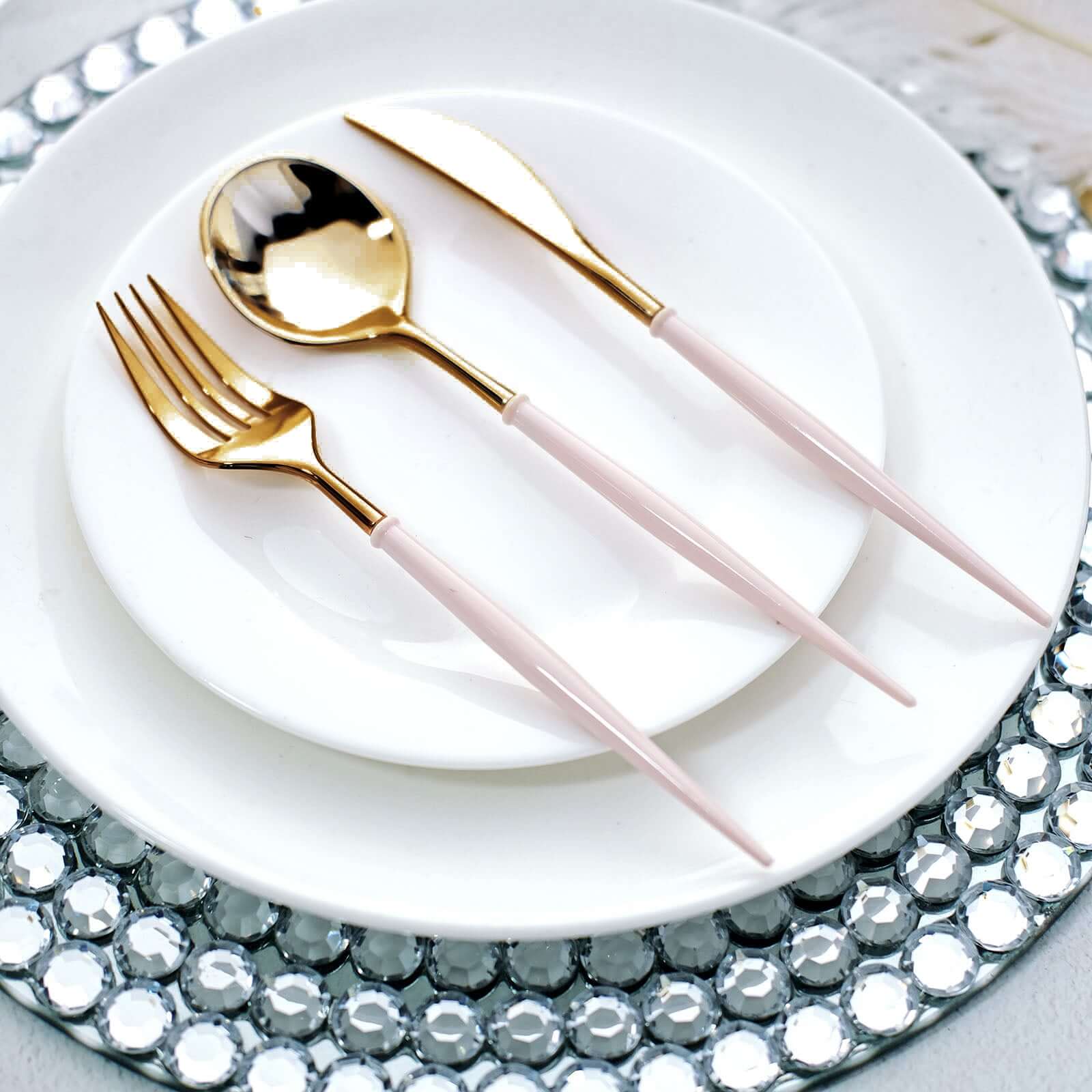 24-Pack Plastic Flatware Set in Metallic Gold with Blush Handle - Heavy Duty Disposable Modern Silverware 8"