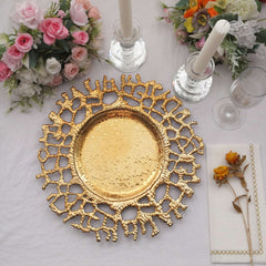 6-Pack Acrylic Round Charger Plates 13" in Gold with Molten Branch Design, Plastic Hollow Lace Decorative Dinner Party Charger Tableware
