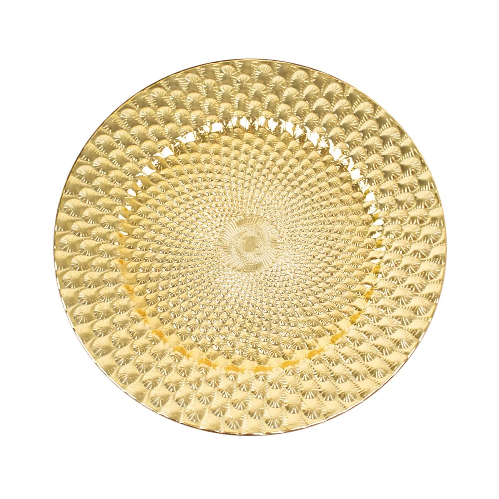 6-Pack Plastic Round Charger Plates 13" in Gold with Peacock Pattern, Exquisite Decorative Dinner Party Charger Tableware
