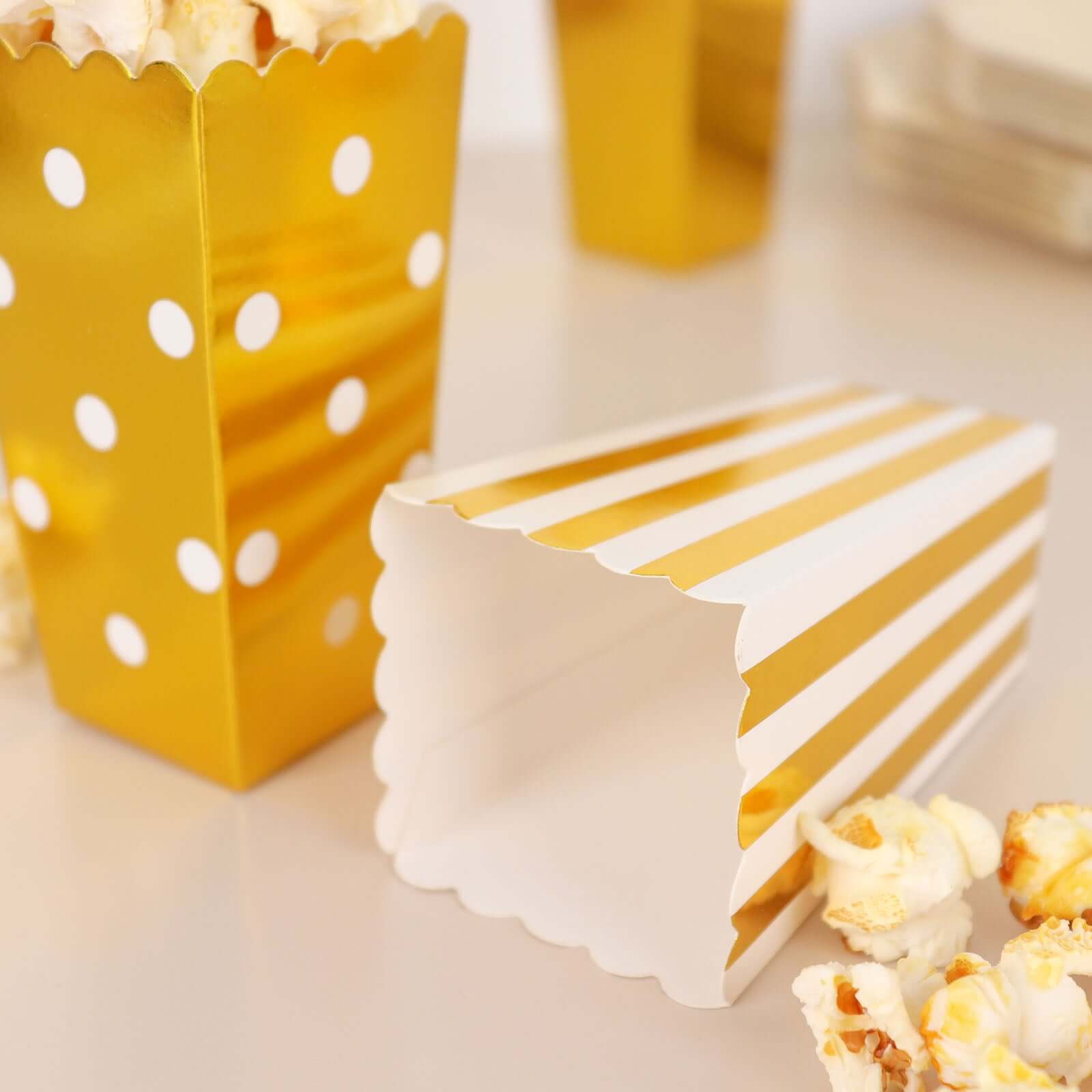 36 Pack 4" White Gold Design Mini Paper Popcorn Boxes, Candy Favor Disposable Bags - Stripe, Polka Dot, Solid Style