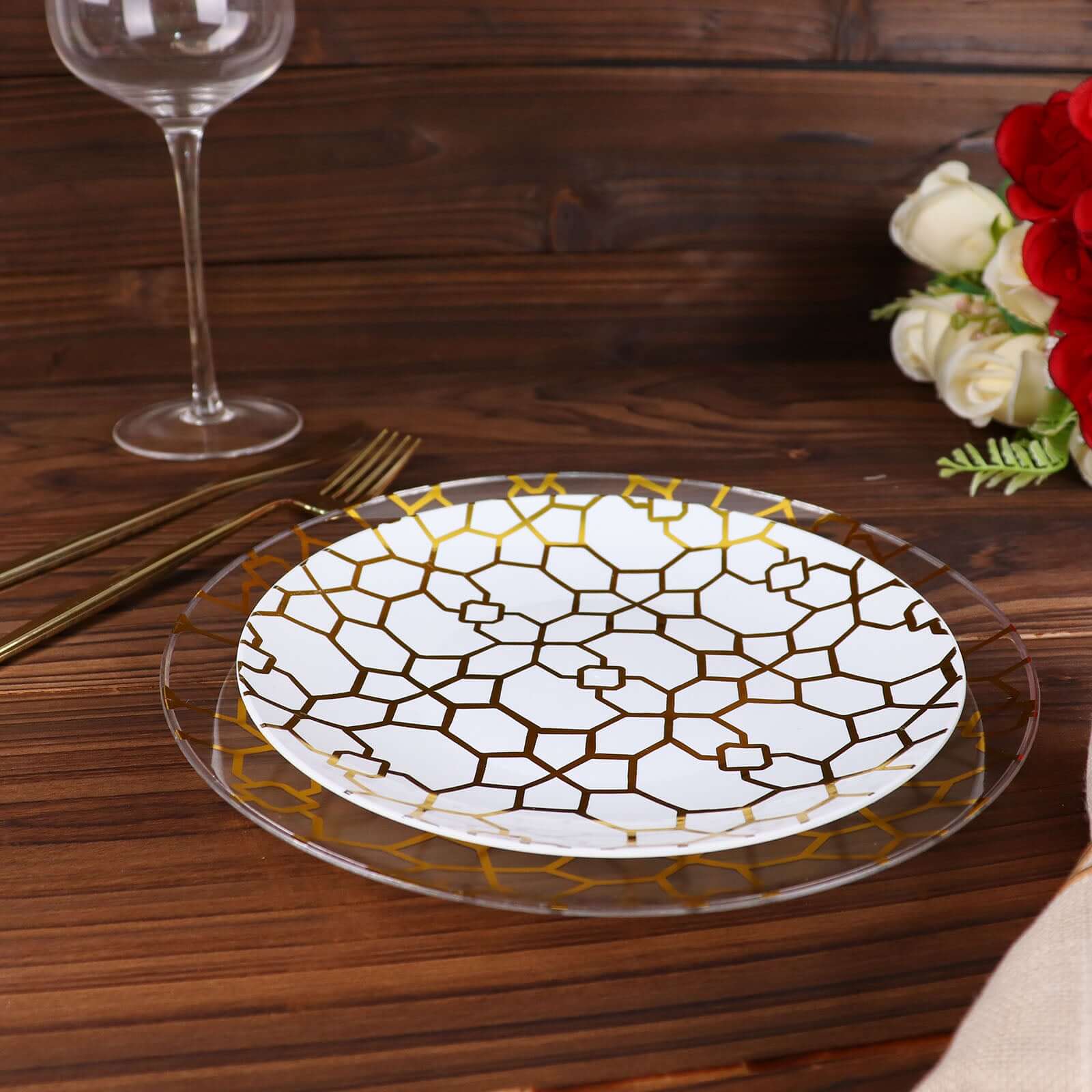 20-Pack Set Plastic Round Dinner and Salad Plates in White & Clear with Geometric Gold Print - Modern Disposable Dinnerware Set for Weddings & Celebrations 9", 7"