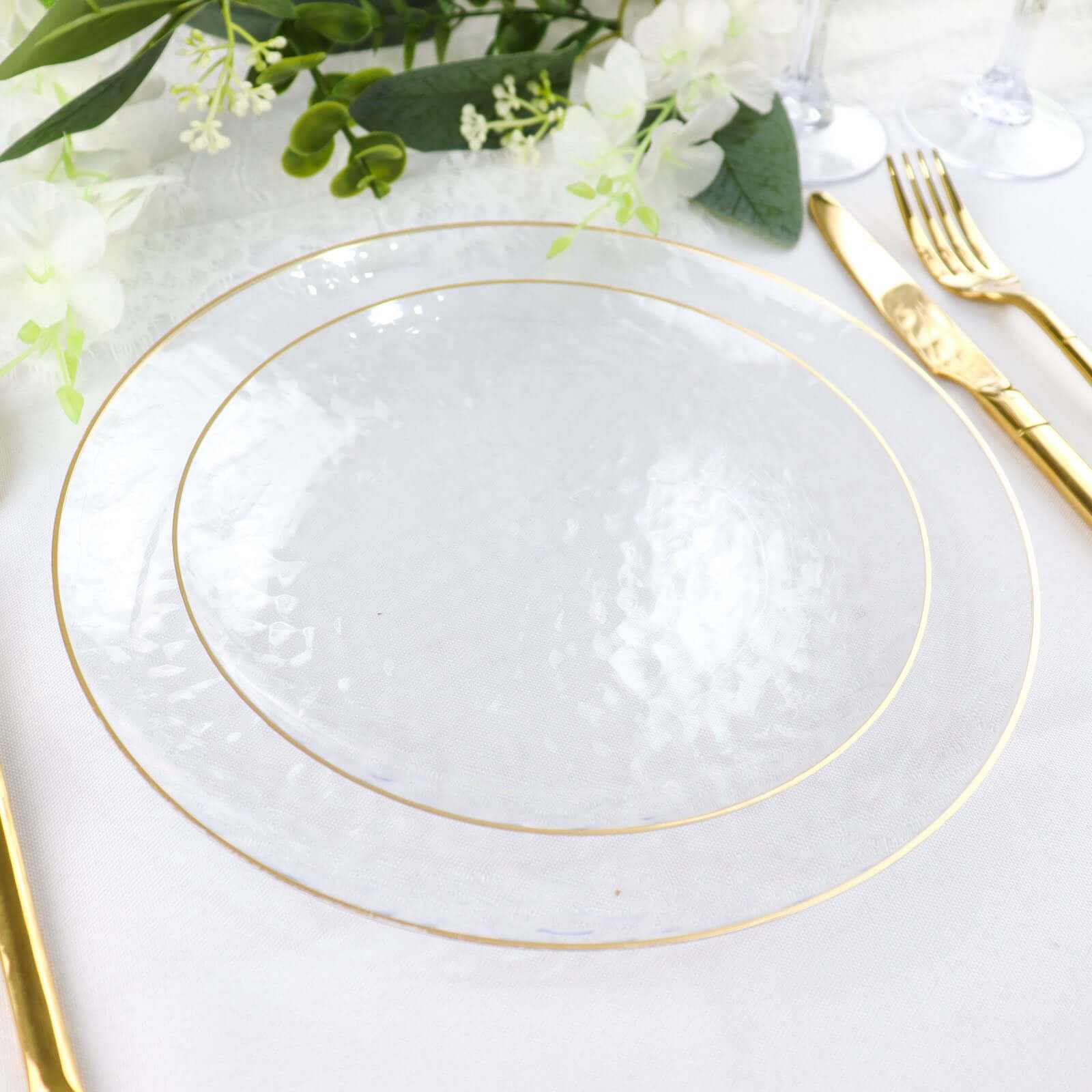 10-Pack Plastic 7" Round Dessert Appetizer Plates in Clear Hammered Design with Gold Rim - Modern Disposable Salad Plates