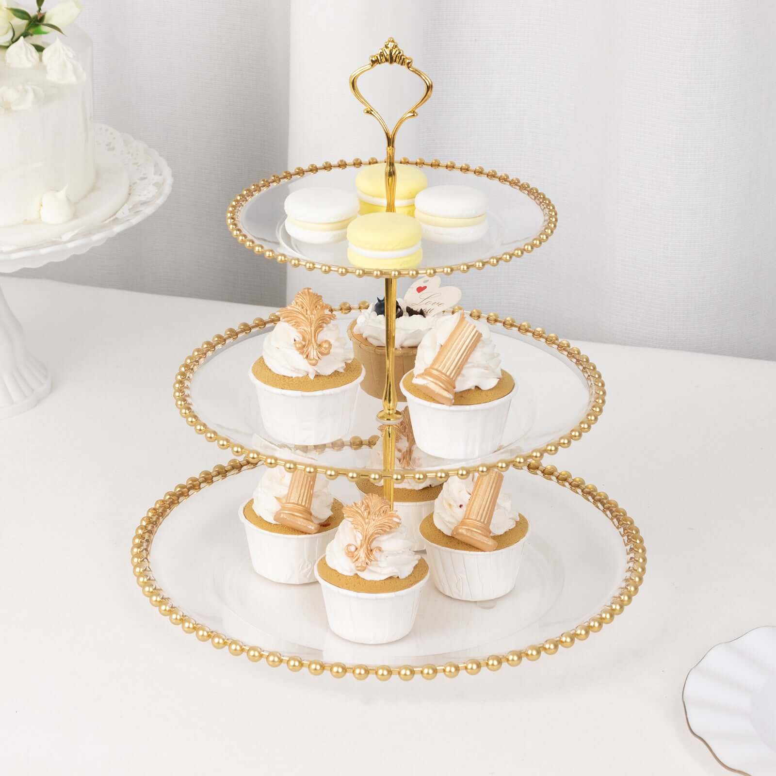 3-Tier Plastic Round Cupcake Tower Stand Clear - Versatile Dessert Display Tea Party Serving Platter with Gold Beaded Rim & Top Handle 14"