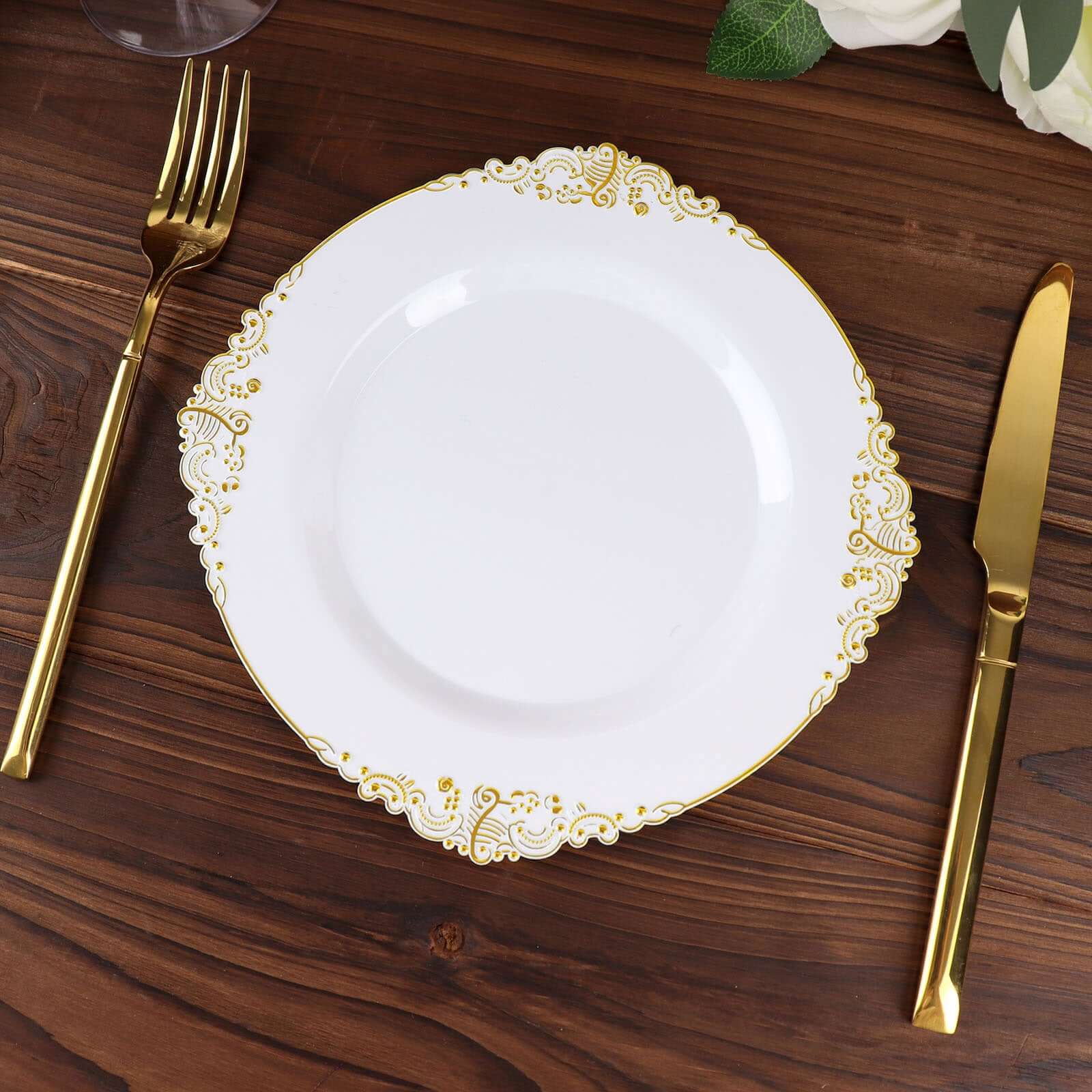 10-Pack Plastic 8" Round Dessert Plates in White with Gold Leaf Embossed Rim - Disposable Vintage Baroque Style Salad Plates for Luxurious Gatherings & Events