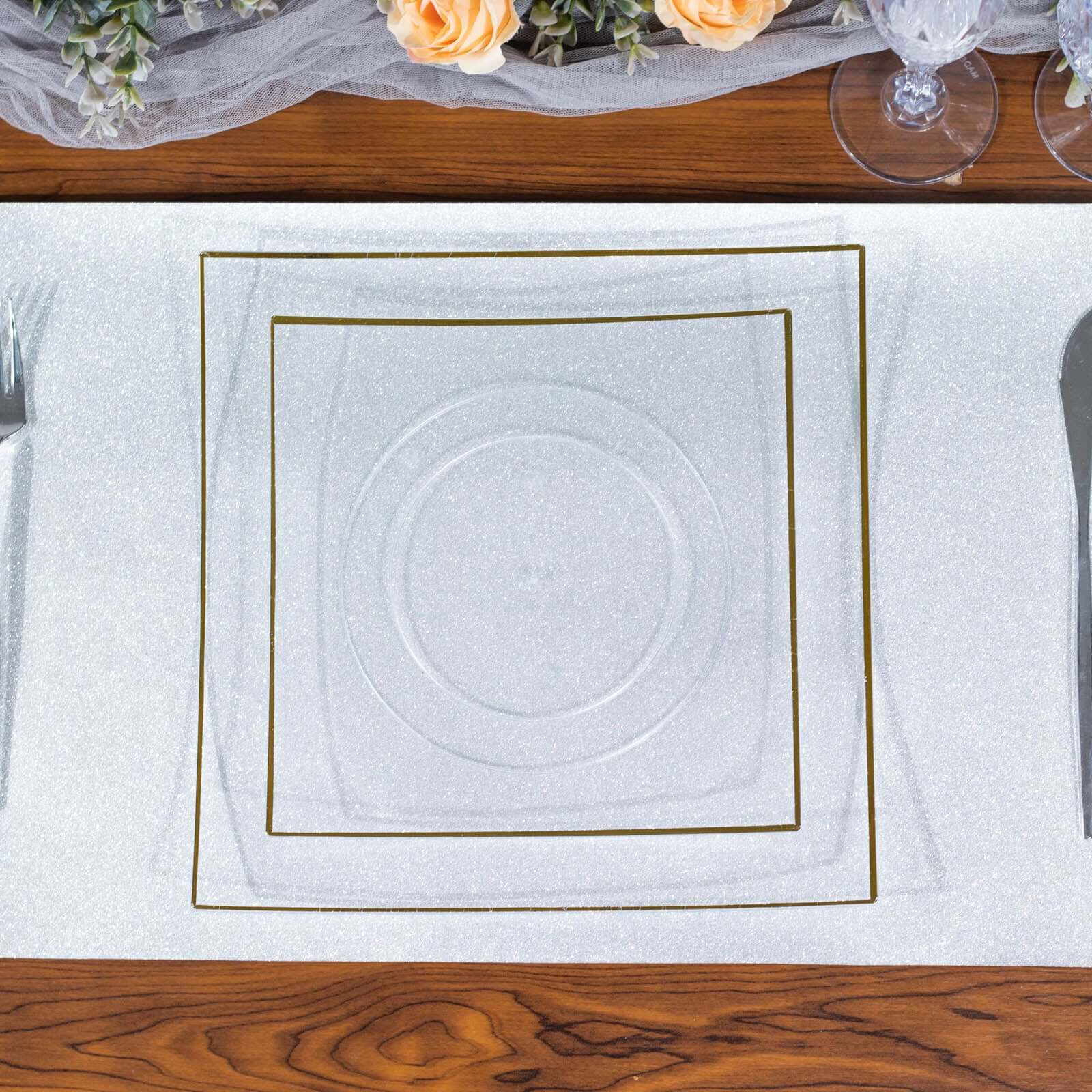 10-Pack Plastic 8" Square Dessert Plates in Clear Concave Style with Gold Rim - Modern Disposable Salad Appetizer Party Plates