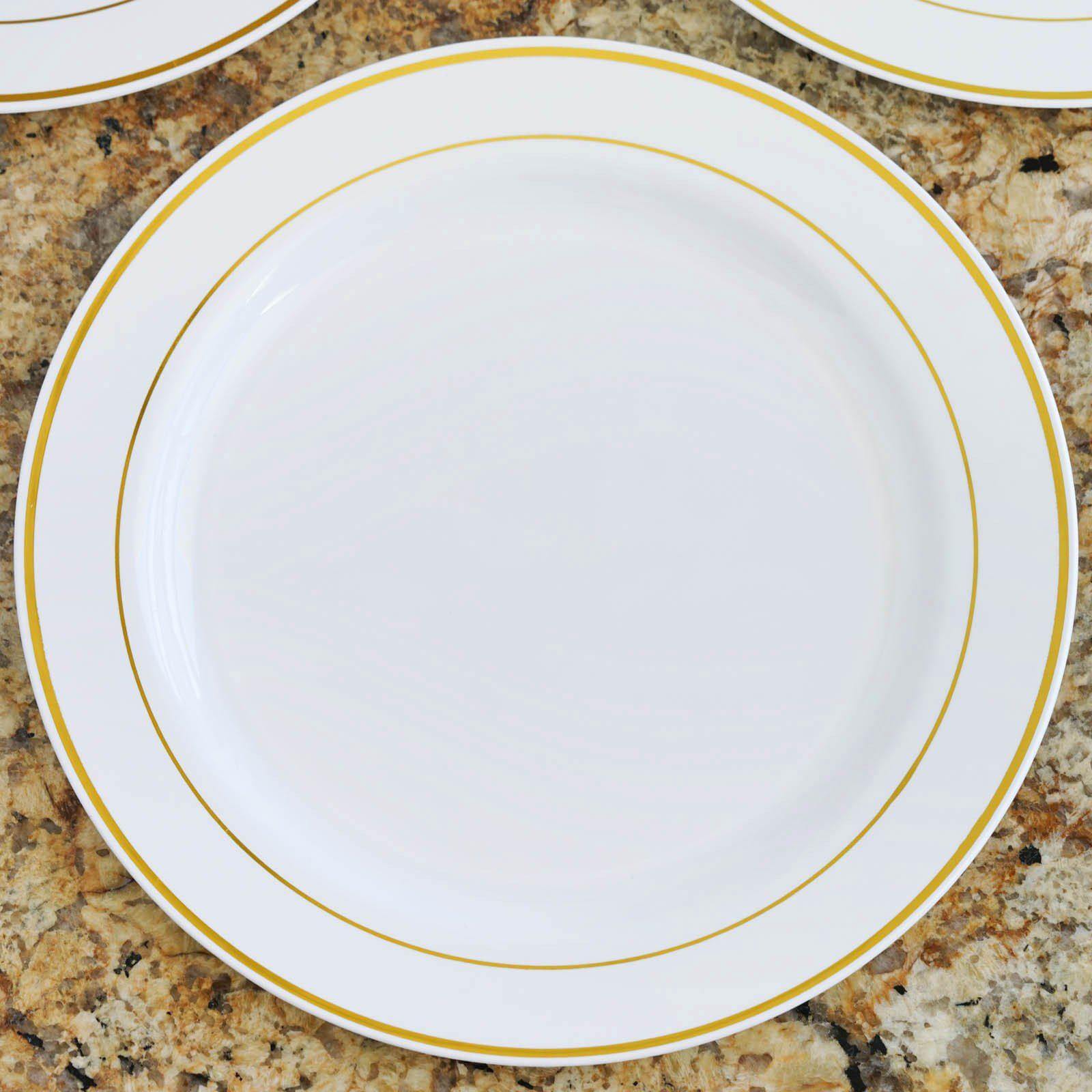 10-Pack Plastic Dinner Plates White with Très Chic Gold Rim - Perfect Disposable Party Plates 10"