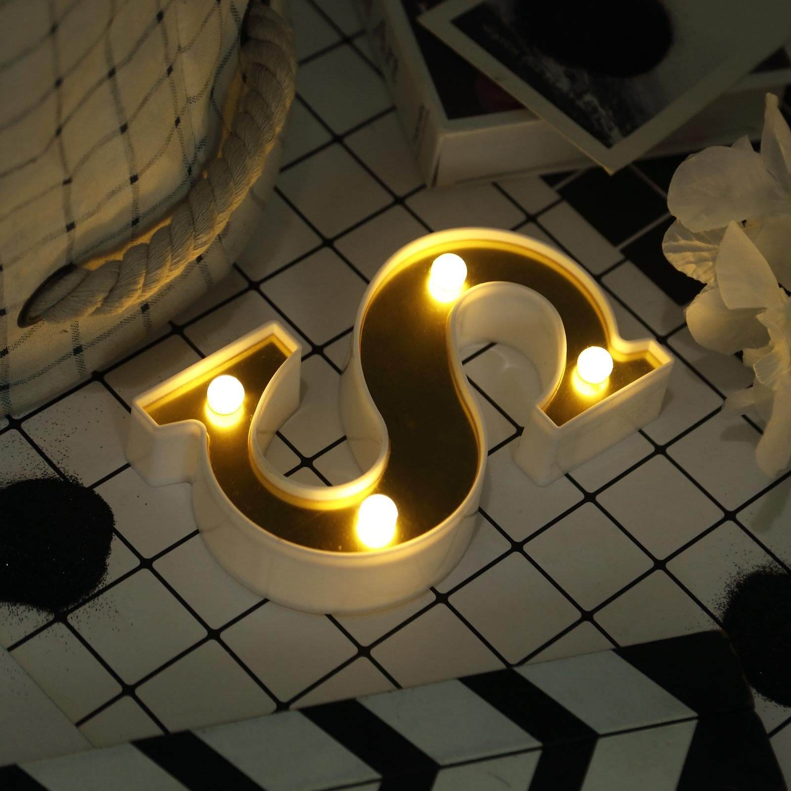 3D Marquee Letter "S" Warm White 4 LED Lights Gold - Chic Light-Up Decor for Events 6"