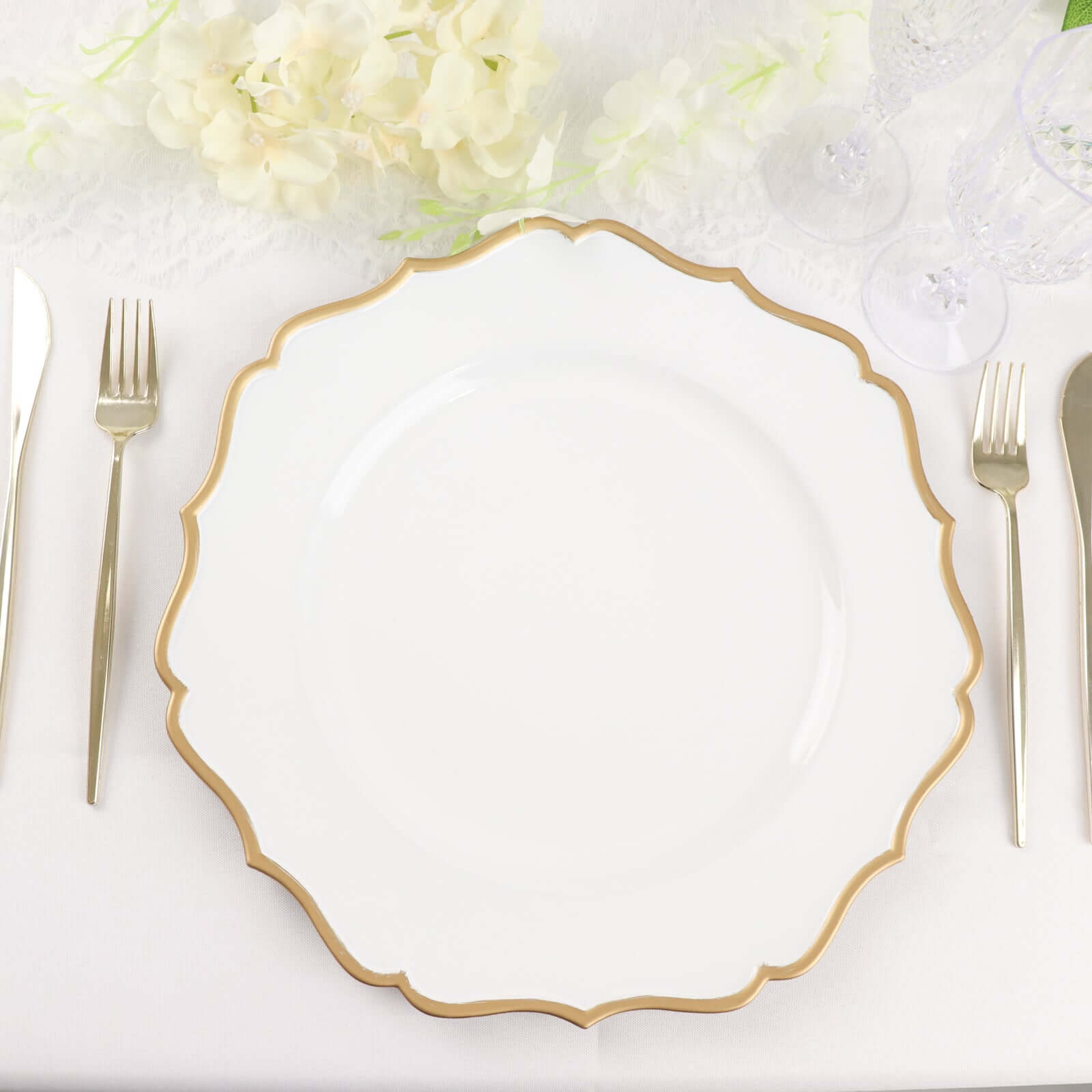 6-Pack Acrylic Round Charger Plates 13" in White with Gold Scalloped Rim, Decorative Dinner Party Plastic Charger Tableware