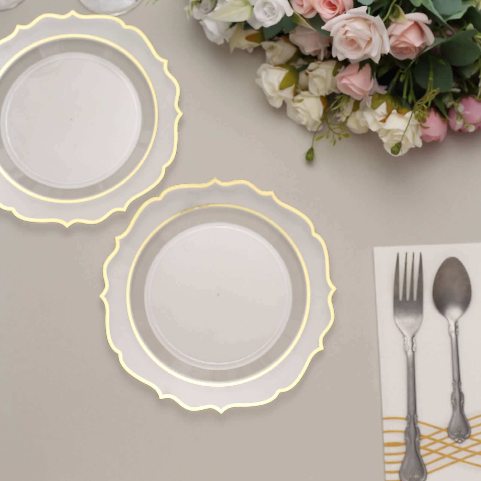 10-Pack Plastic 8" Round Desert Plates in Clear with Gold Scalloped Rim - Disposable Appetizer/Salad Plates