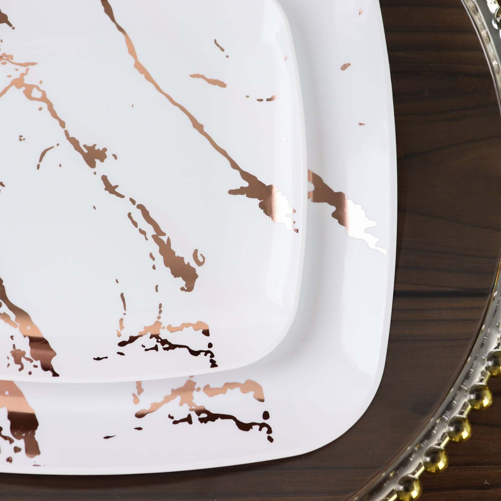 10-Pack Plastic 6" Square Appetizer Snack Plates in White with Rose Gold Marble Design - Disposable Dessert Party Plates for Weddings, Banquets & Special Events
