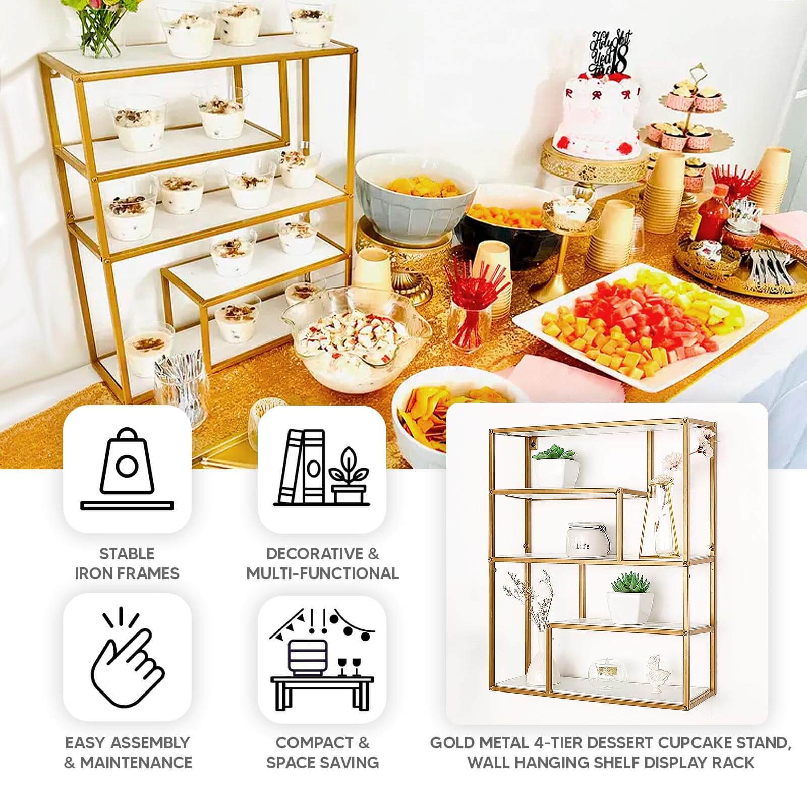 4-Tier Dessert Cupcake Stand Metal Gold with White Wood Panels - Wall Shelf & Book Display Rack 22"