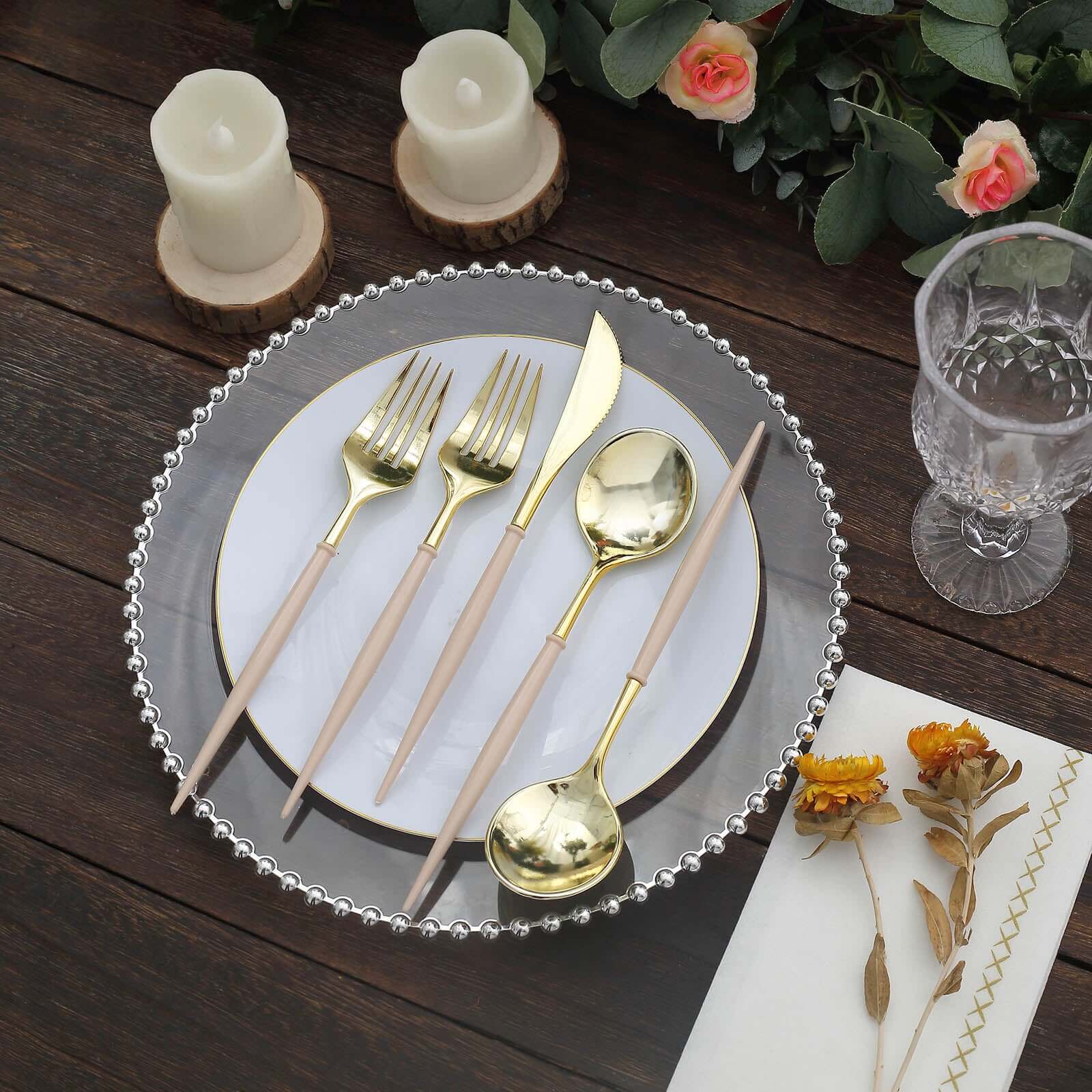 24-Pack Plastic Flatware Set in Metallic Gold with Beige Handle - Heavy Duty Disposable Modern Silverware 8"