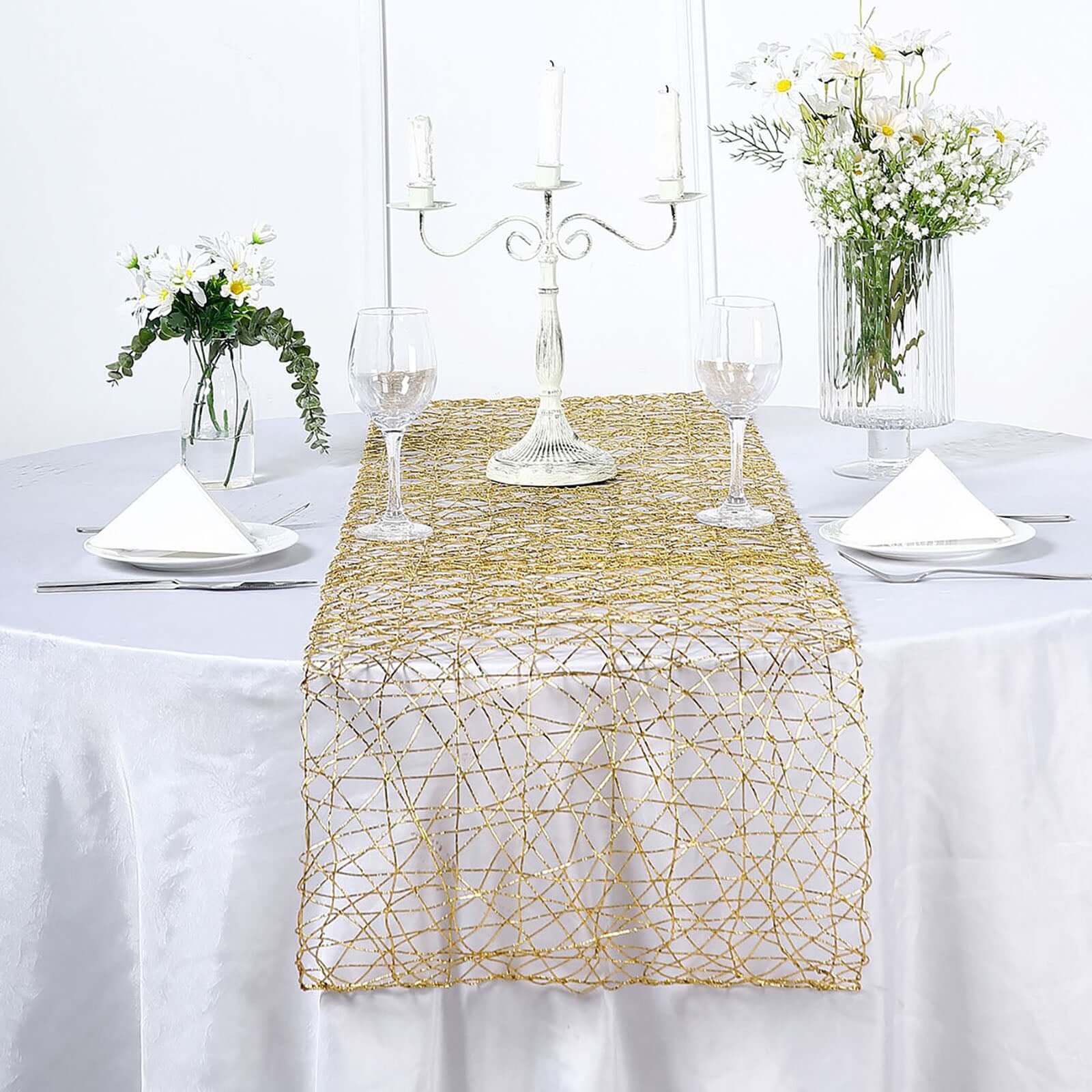 16"x72" Gold Wire Nest Table Runner, Metallic String Woven Runner