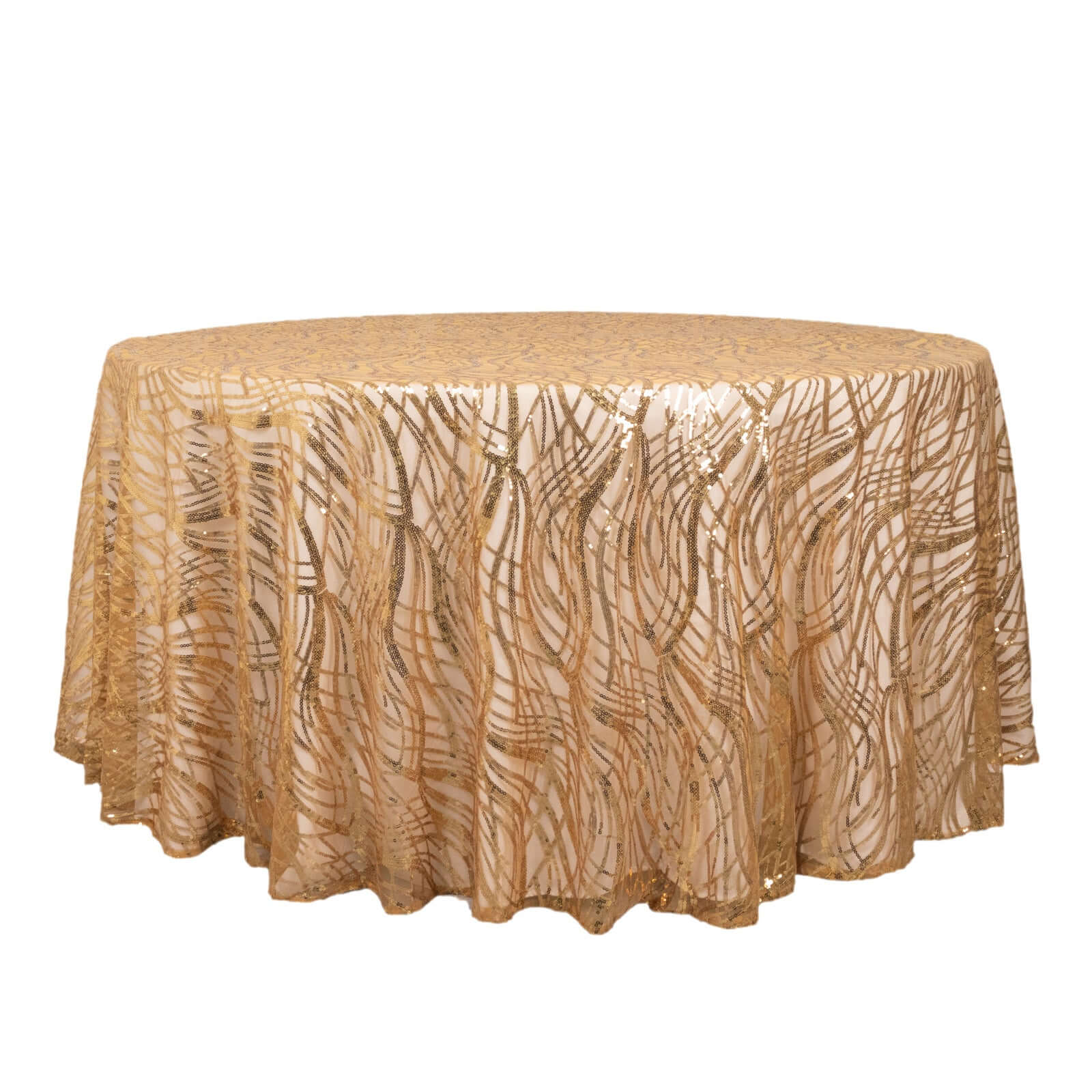 Sequin Mesh 120" Round Tablecloth Gold - Seamless Wave Embroidered Design for Stylish Events