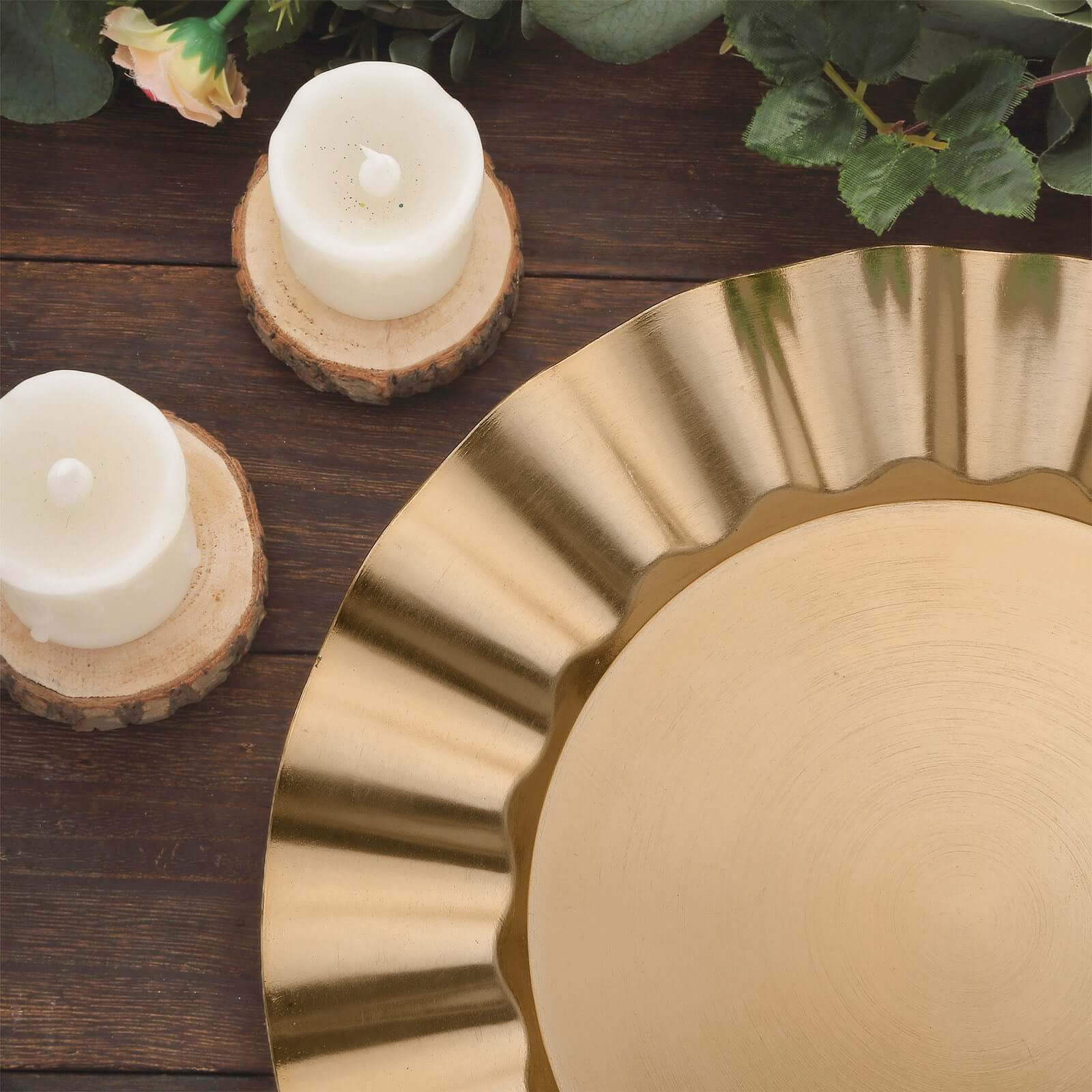 6-Pack Acrylic Plastic Round Charger Plates 13" in Gold with Wavy Scalloped Rim, Decorative Dinner Party Charger Tableware