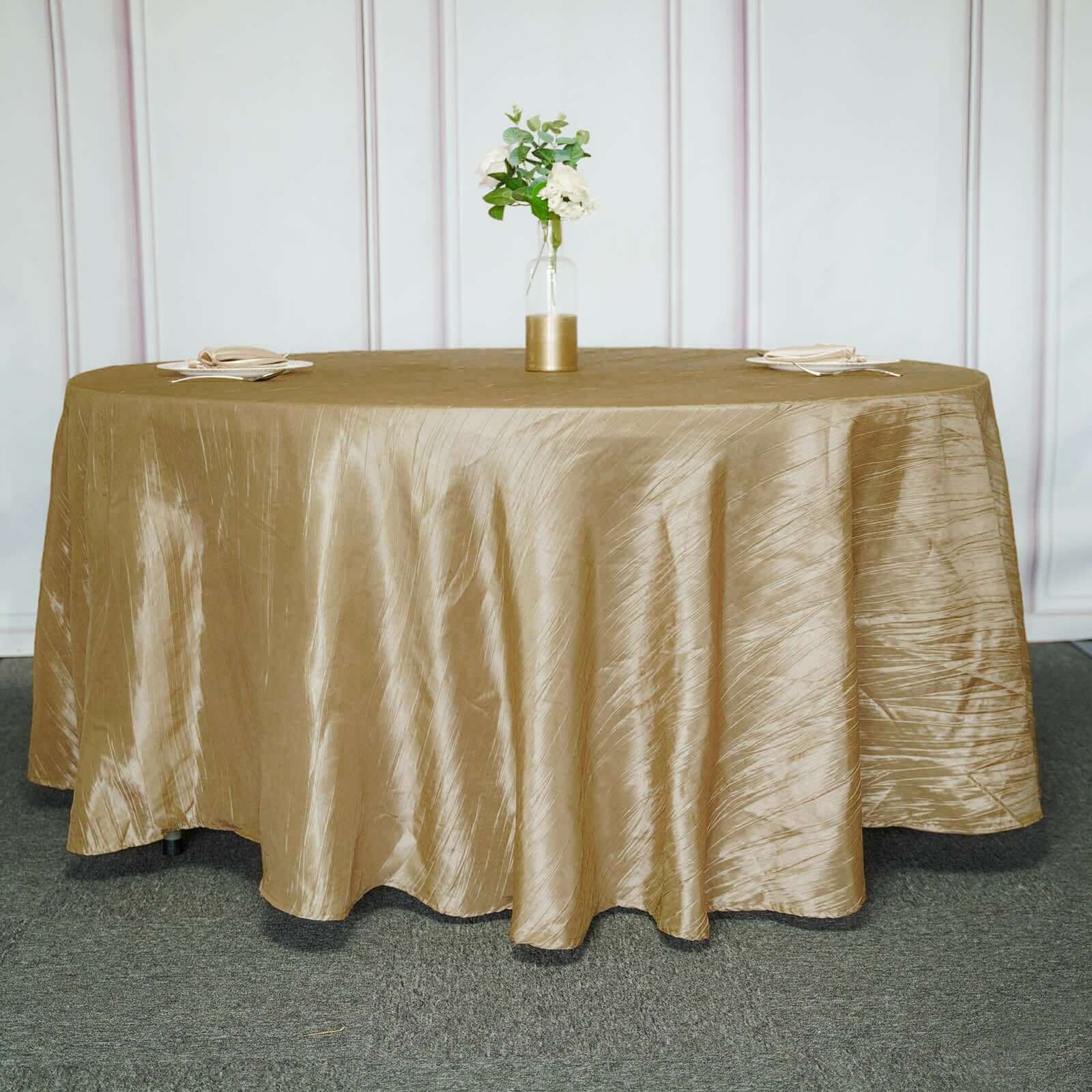 Taffeta 120" Round Tablecloth Gold - Seamless Accordion Crinkle Design for Stylish Occasions