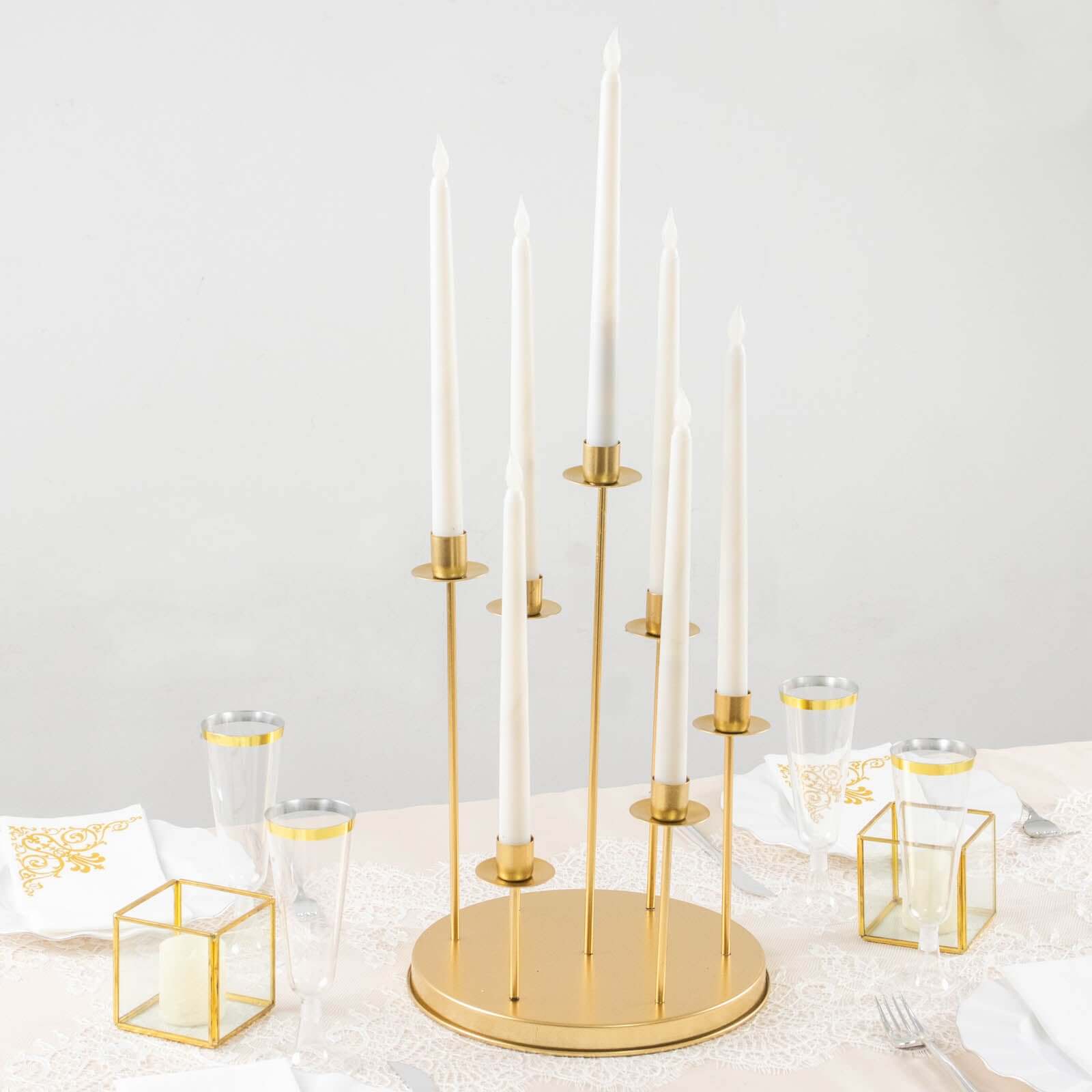 Cluster Candelabra Taper Candle Holder 7-Arm Gold Metal Wedding Centerpiece - Table Decor 15"