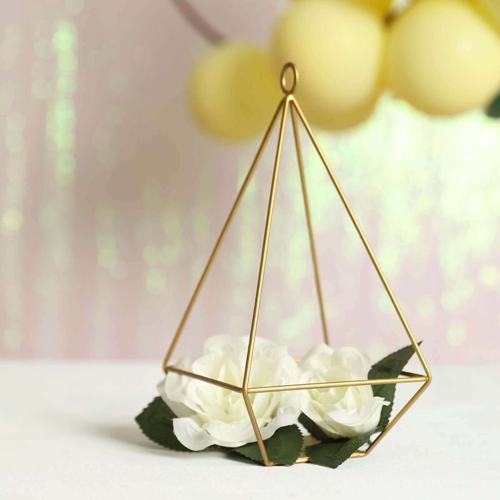 2-Pack Tealight Candle Holders Gold Metal Pyramid Geometric Open Frame - Flower Stand 9"