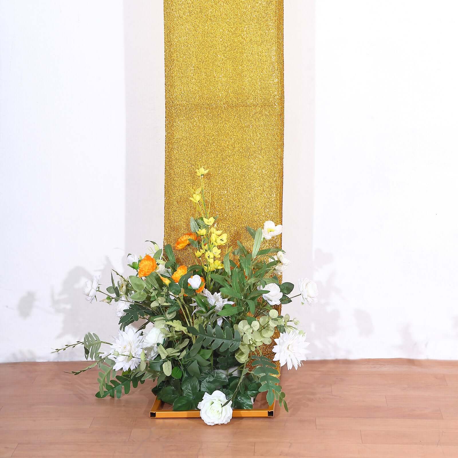 8ft Gold Spandex Fitted U-Shaped Wedding Arch Cover With Shimmer Tinsel Finish, Double-Sided Open Arch Backdrop Slipcover