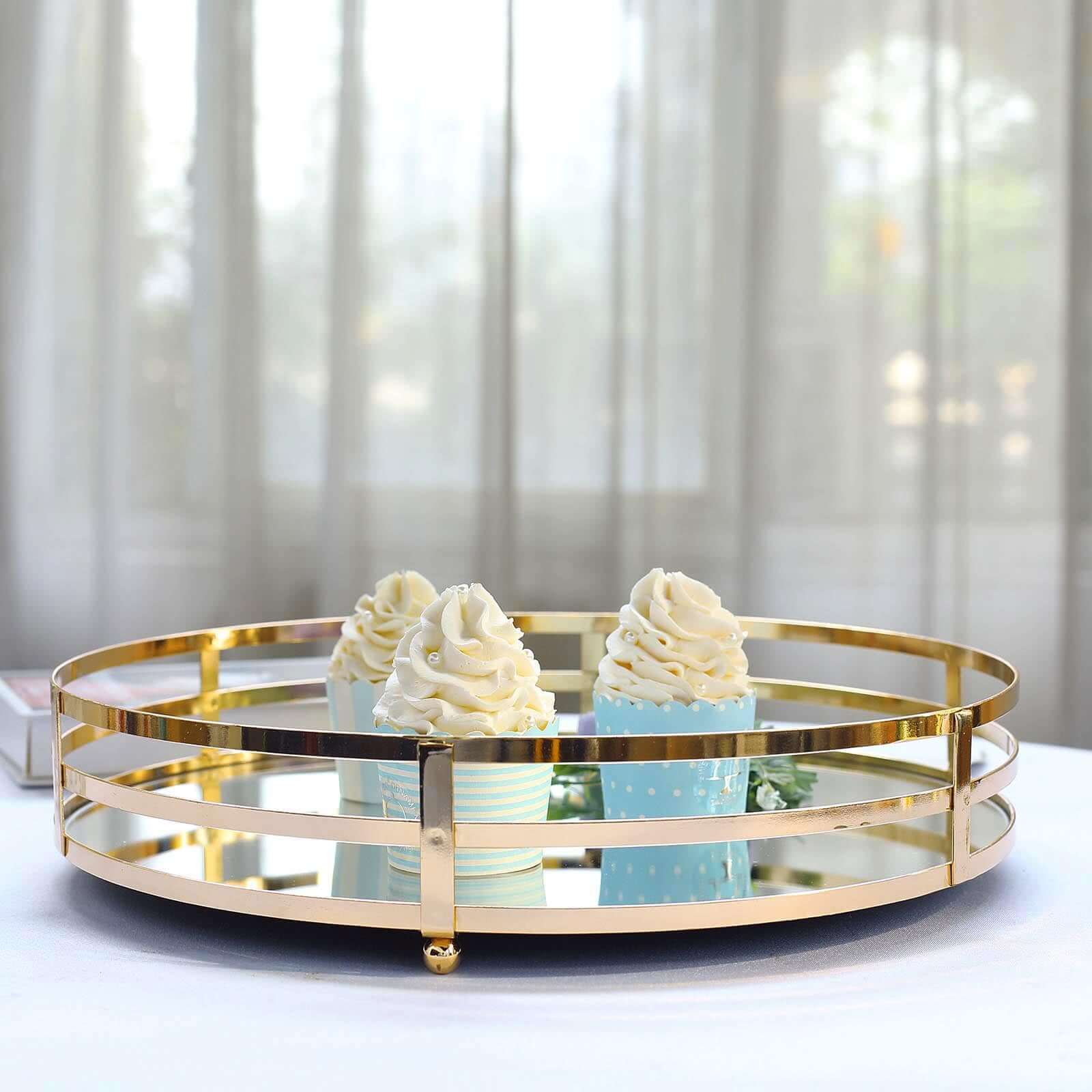Set of 2 Metal Serving Trays 13", 9" Round Gold with Mirrored Top, Classy Decorative Vanity Tray Centerpiece