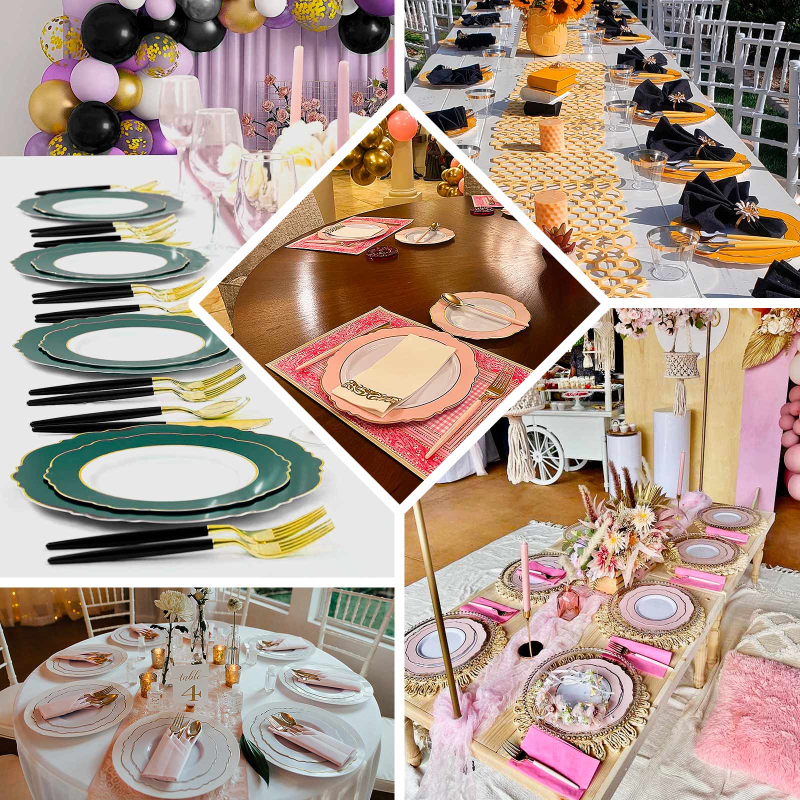 10-Pack Plastic 8" Round Dessert Plates in White with Gold Blossom Design & Gold Edging - Disposable Salad Appetizer Plates for Modern & Classy Table Decor