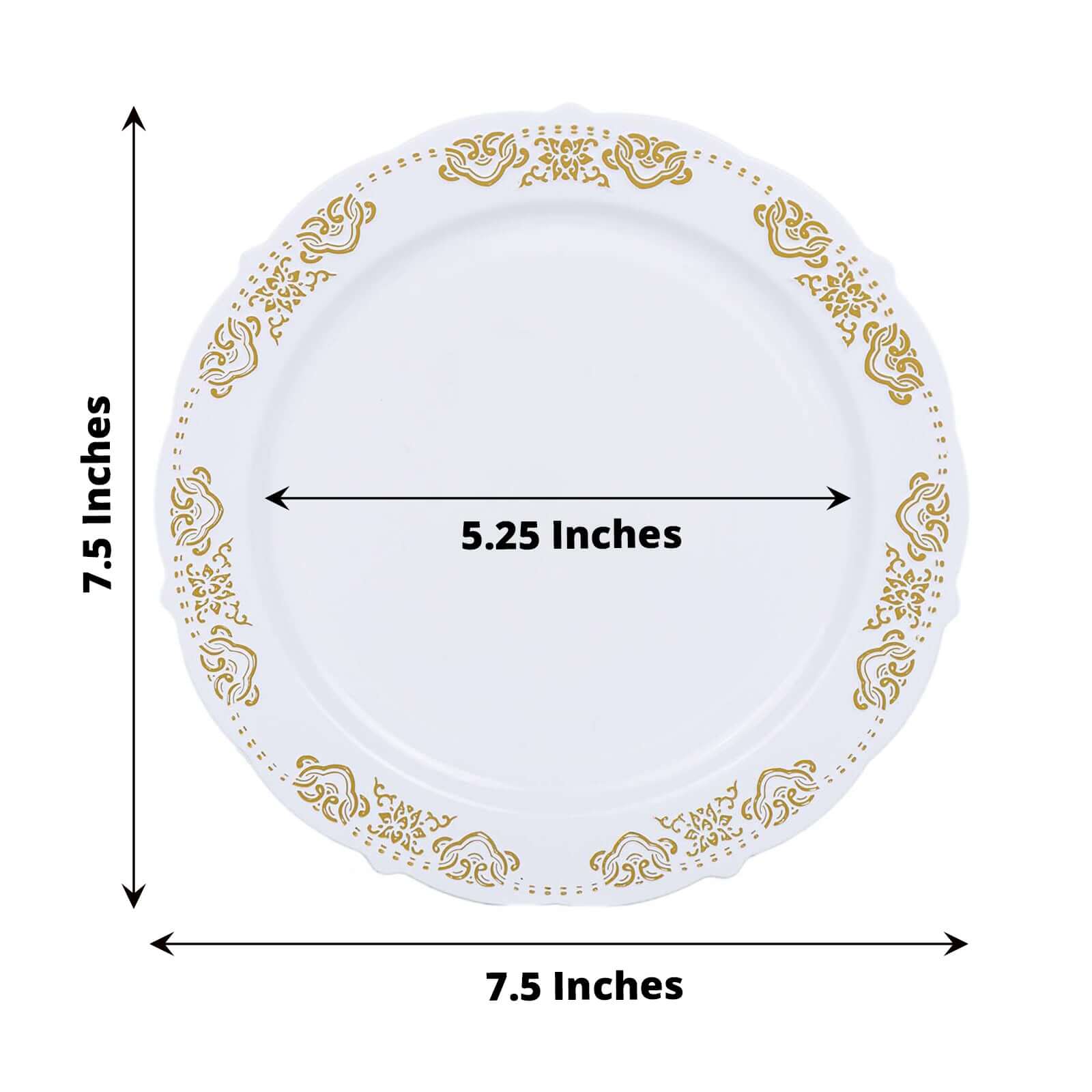 10-Pack Plastic 7.5" Round Appetizer Plates in White with Gold Embossed Scalloped Edge - Chic Disposable Salad Plates for Special Occasions & Banquets
