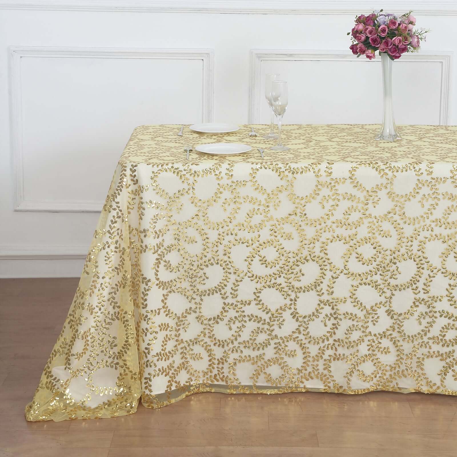 Tulle 90"x156" Rectangle Tablecloth Gold - Sequin Leaf Embroidered Design for Luxe Celebrations