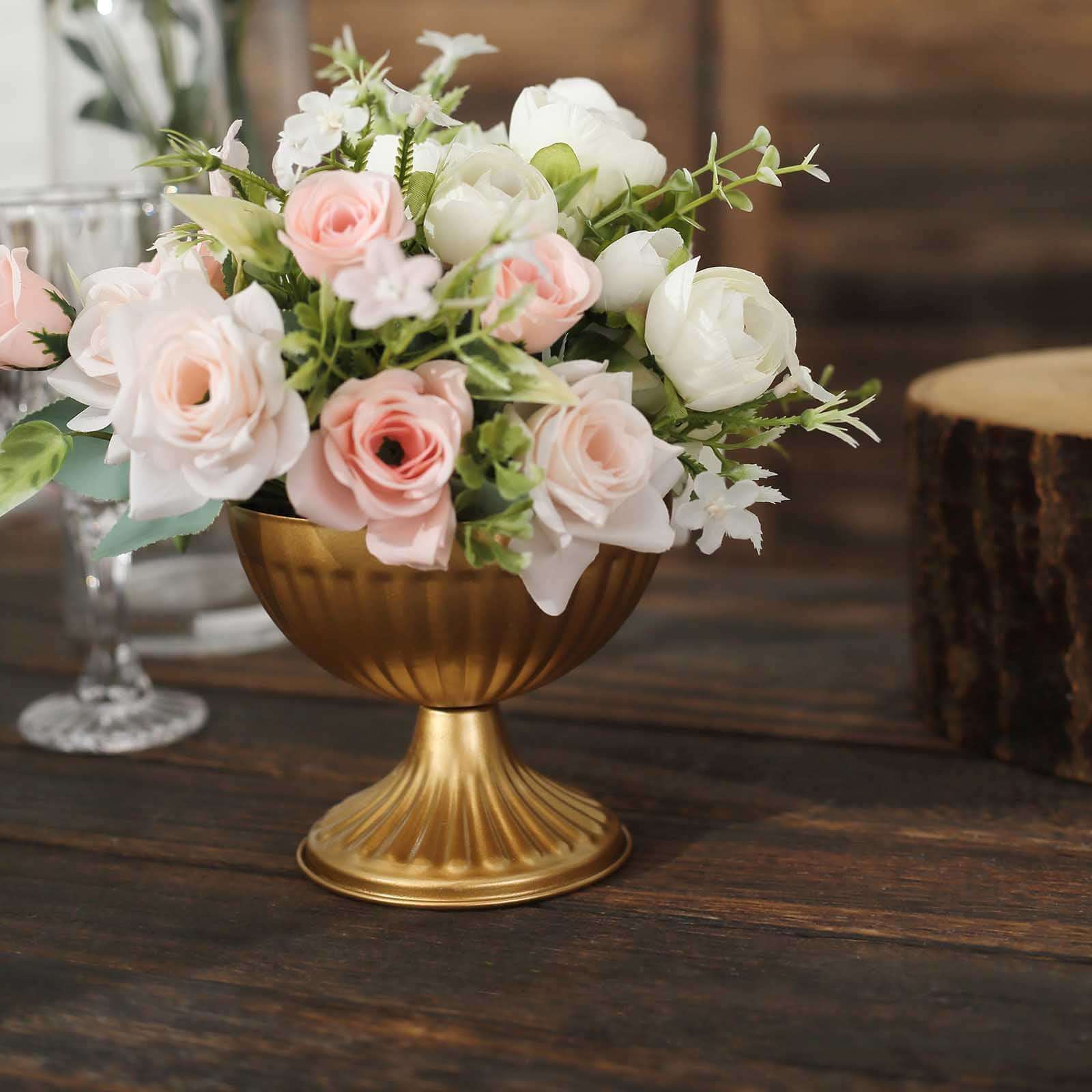 2-Pack Metal Pedestal Flower Vases Ribbed Bowl Style Gold - Antique Mini Compote Vase for Sophisticated Wedding Centerpieces 4"