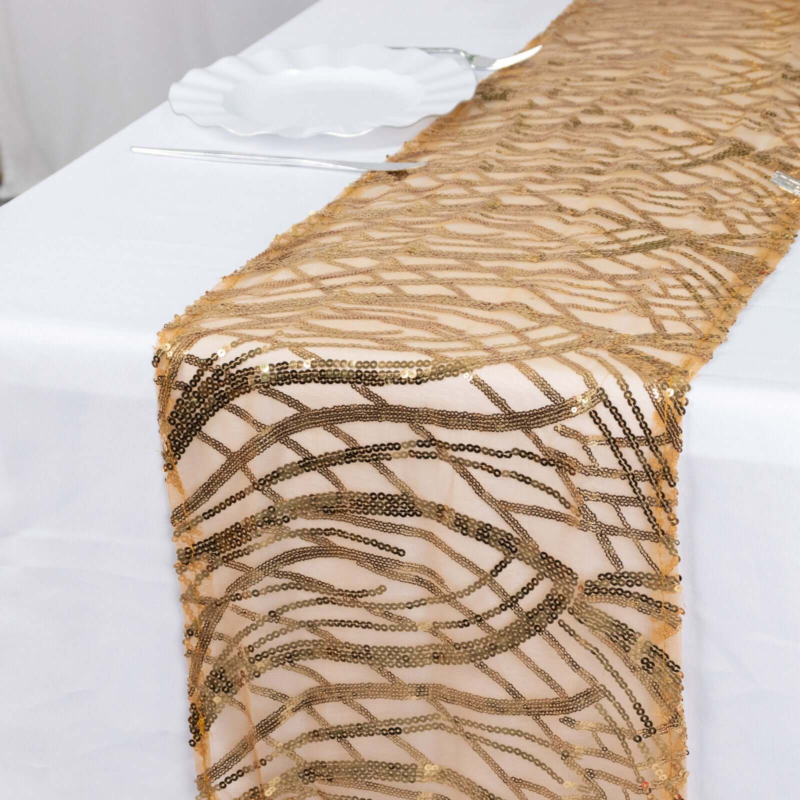 Sequin Mesh 12"x108" Table Runner Gold Wave Embroidered Design for Stylish Occasions