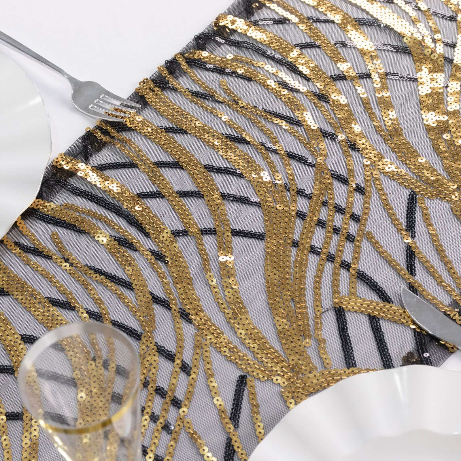 Sequin Mesh 12"x108" Table Runner Black Gold Stylish Wave Embroidery