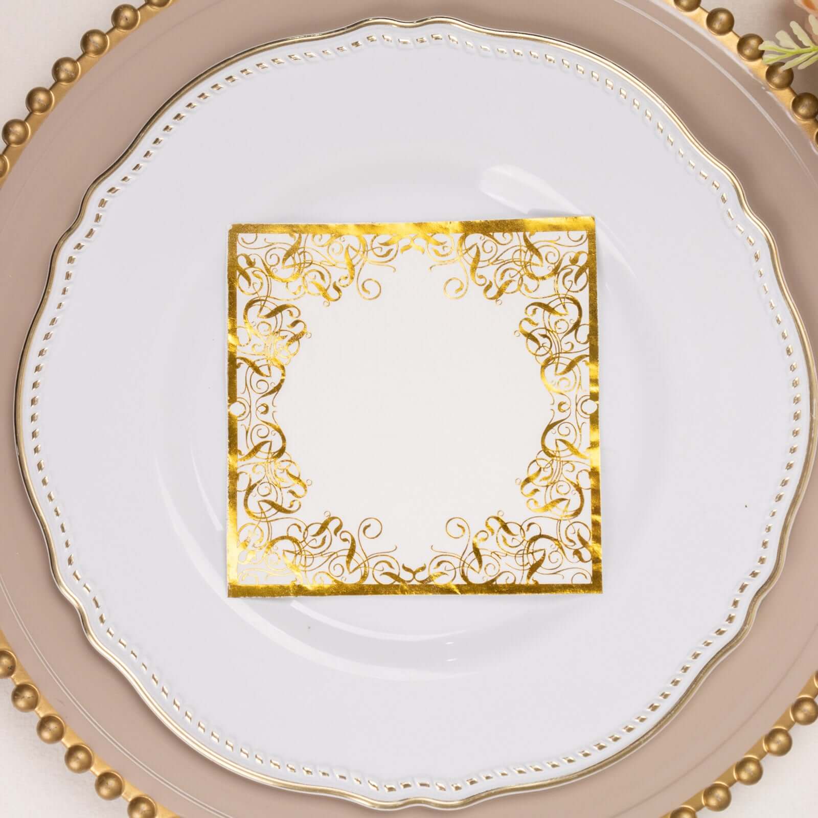 20-Pack Paper Beverage Napkins with Gold Foil Lace Design White - 3 Ply Disposable 18GSM European Style Cocktail Napkins 5"x5"