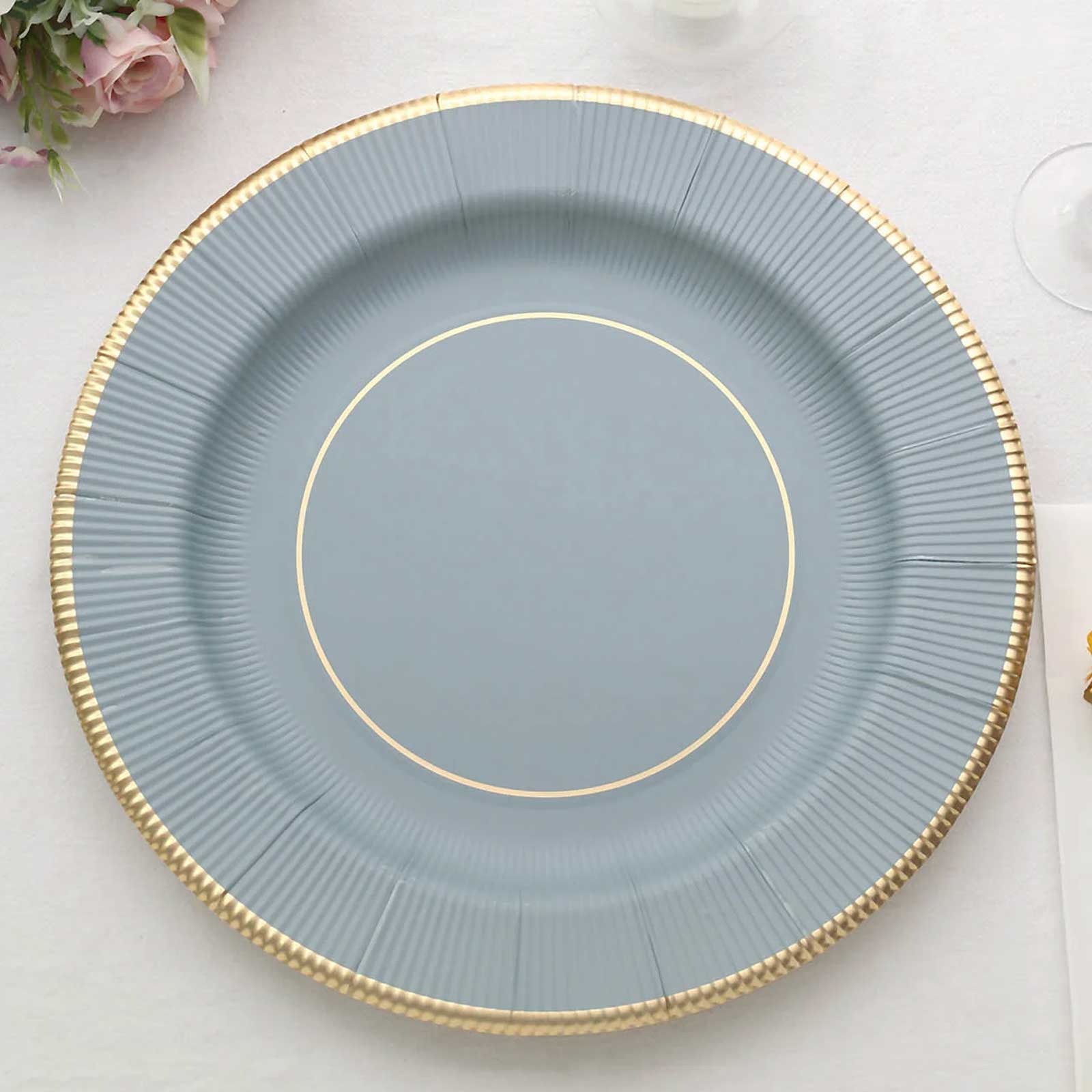 25-Pack Disposable Round Charger Plates in Dusty Blue Sunray Design with Gold Rim - 350GSM Heavy Duty Paper Chargers 13"