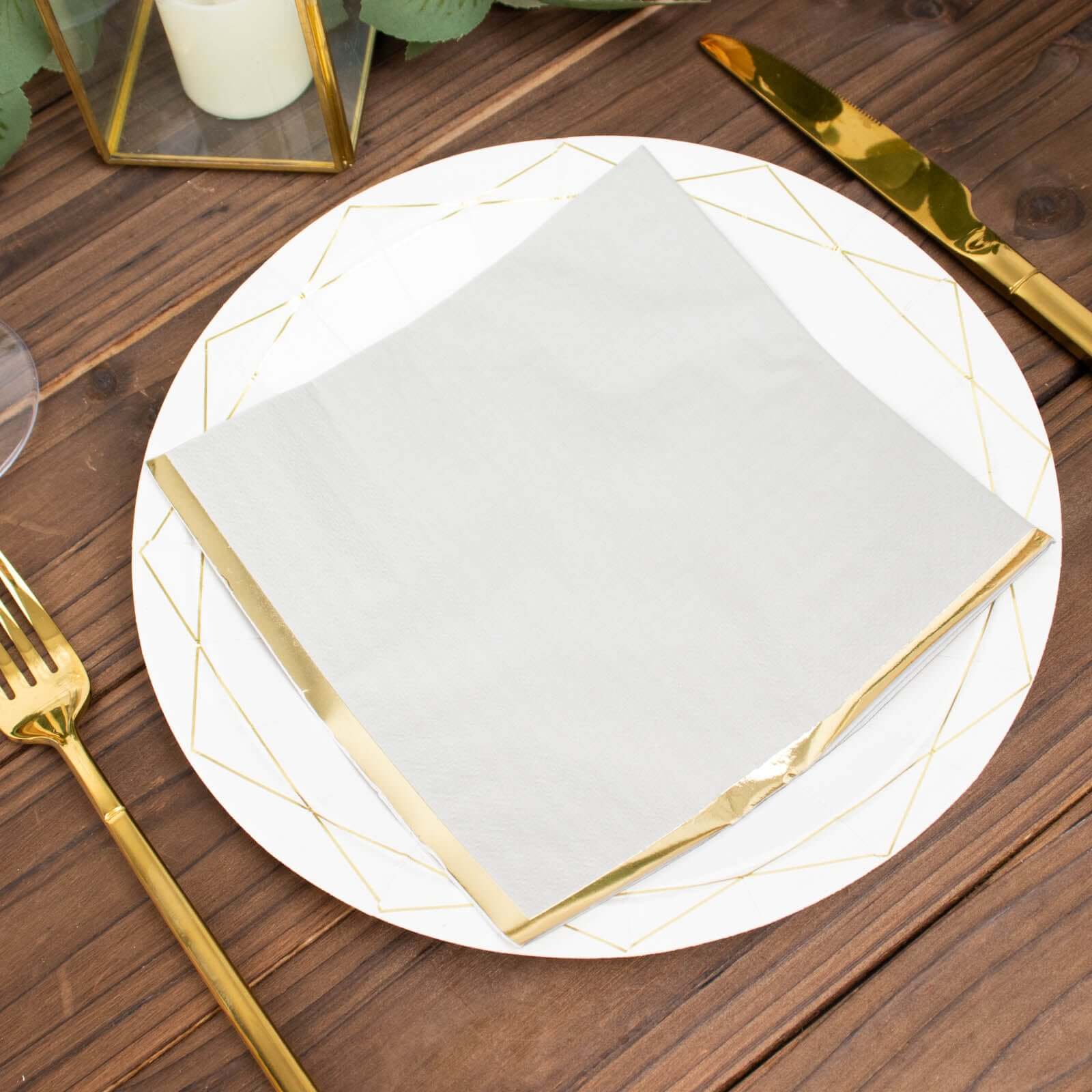 50-Pack Paper Beverage Napkins with Gold Foil Edge Gray - Disposable 2 Ply Cocktail Napkins for Events 6.5"x6.5"