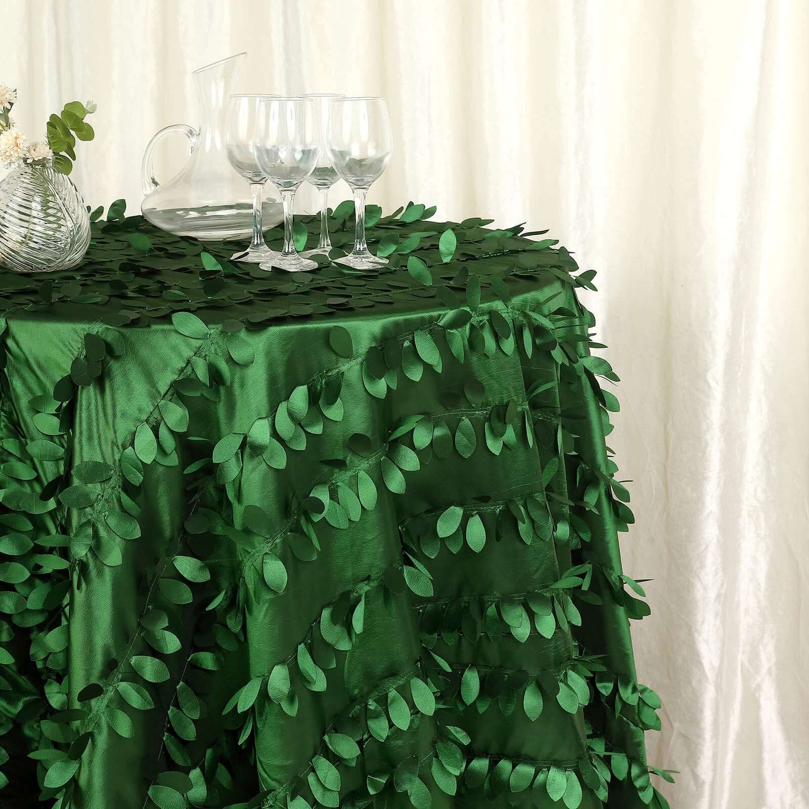 Taffeta 132" Round Tablecloth Green Leaf | 3D Leaf Petal Design Seamless Table Cover