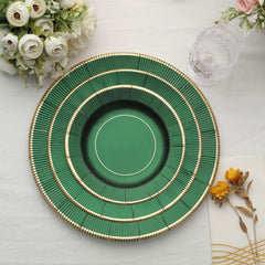 25-Pack Disposable Round Charger Plates in Hunter Emerald Green Sunray Design with Gold Rim - 350GSM Heavy Duty Paper Chargers 13"