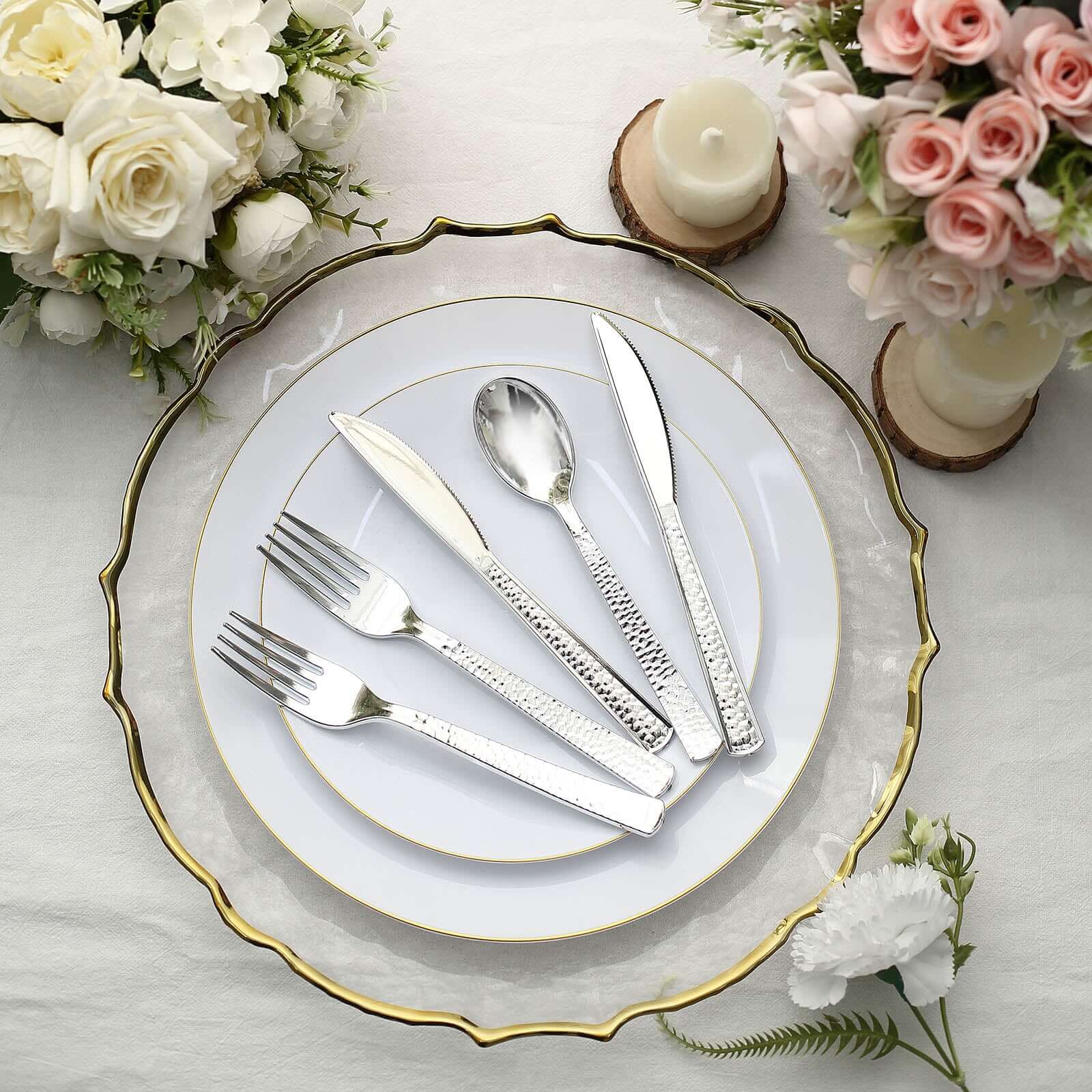 24-Pack Plastic Silverware Set with Hammered Design Silver - Heavy Duty Disposable Utensils 7"