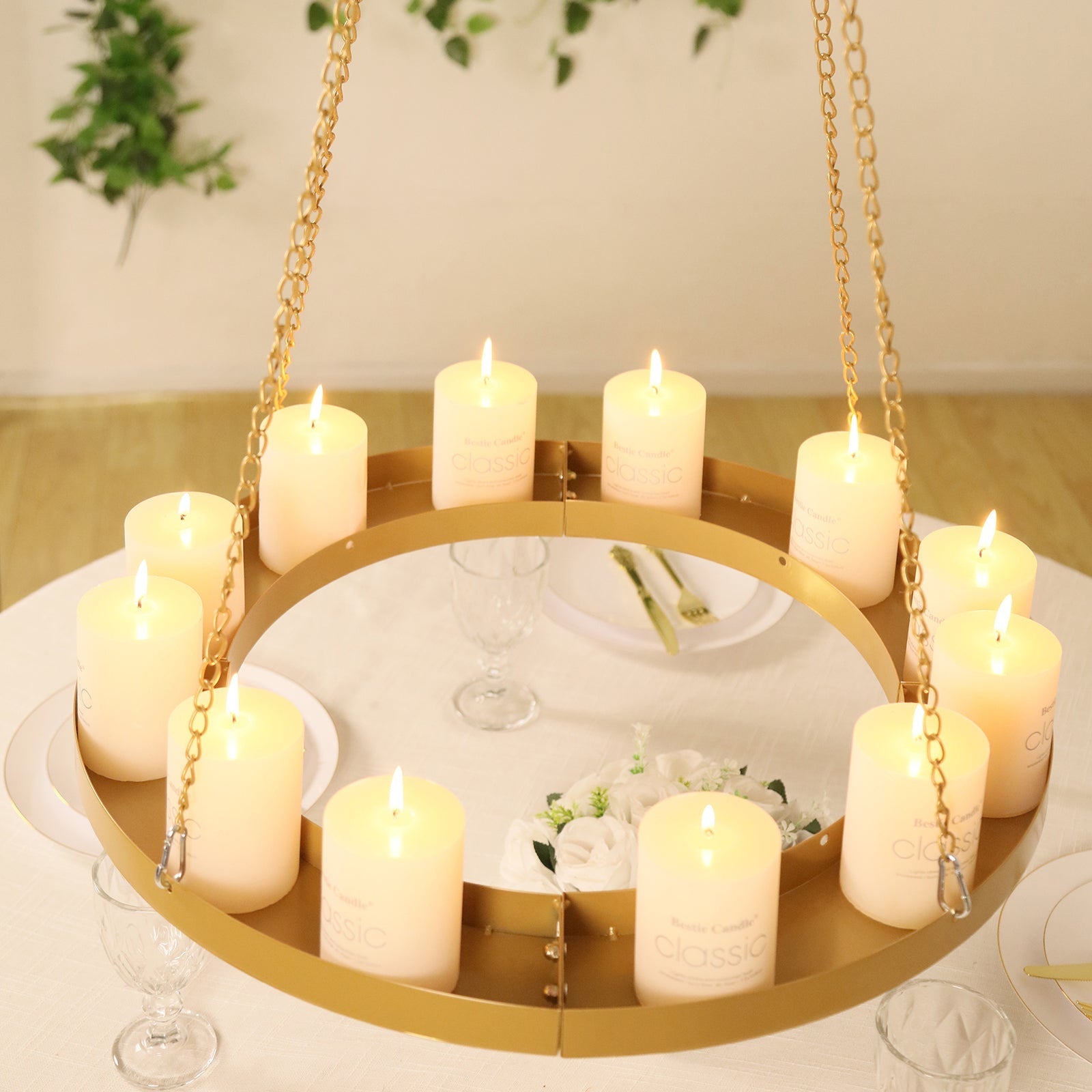 Gold Hanging Metal Floral Chandelier Frame - 24" Circular Lighting, Candle and Floral Display Base