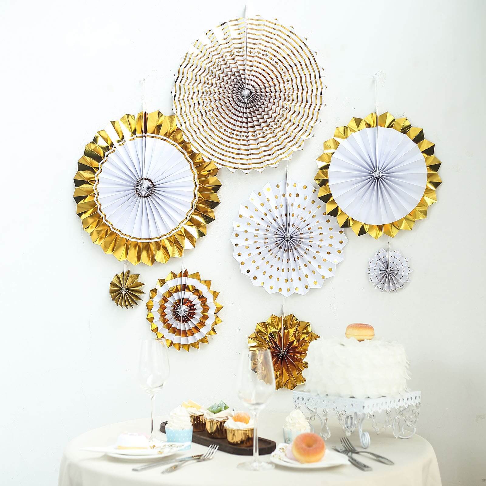 Set of 8 Gold White Hanging Paper Fan Decorations, Pinwheel Wall Backdrop Party Kit - 4", 8", 12", 16"