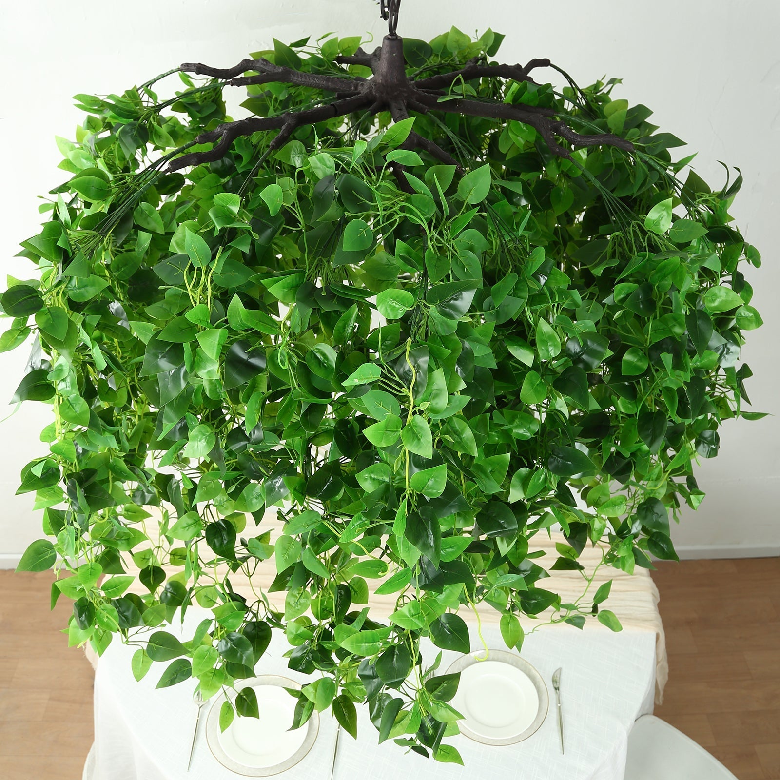46" Green Artificial Eucalyptus Leaf Vines Ceiling Canopy, Round Draping Ivy Leaves Hanging Flower Chandelier With Interchangeable Branches