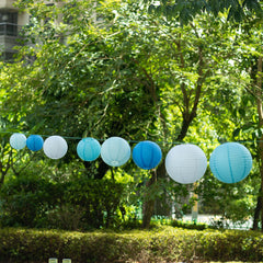 Set of 8 Mixed Blue White Hanging Paper Lanterns, Decorative Round Chinese Sky Lanterns, Assorted Sizes - 6",8",10",14"