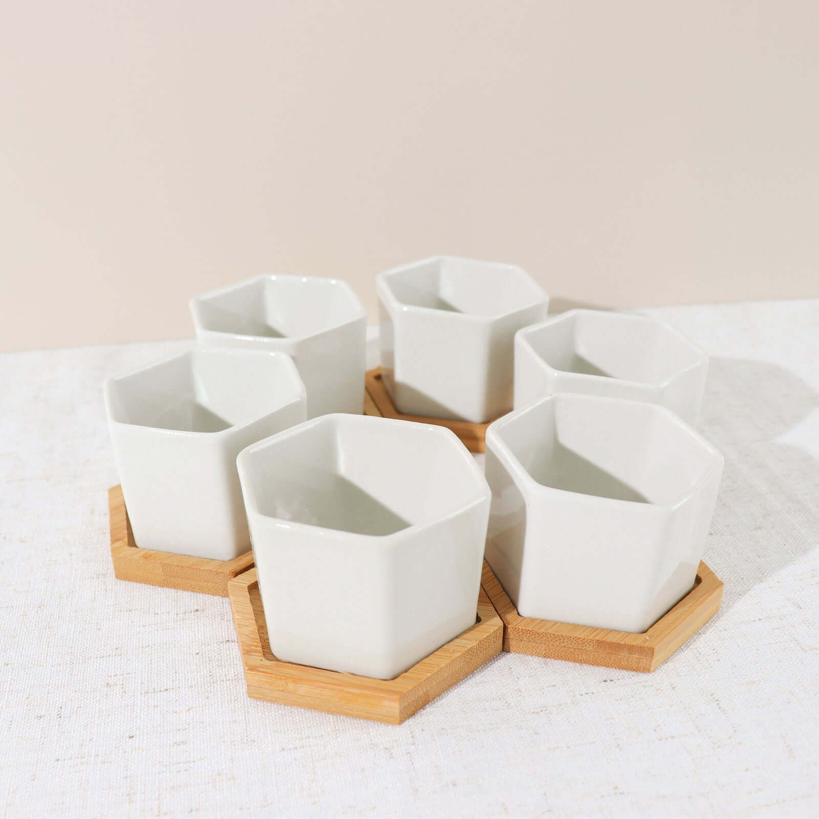 6-Pack Planter Pots Geometric Hexagon Design White - Ceramic Pots with Bamboo Tray and Removable Bottom 3"
