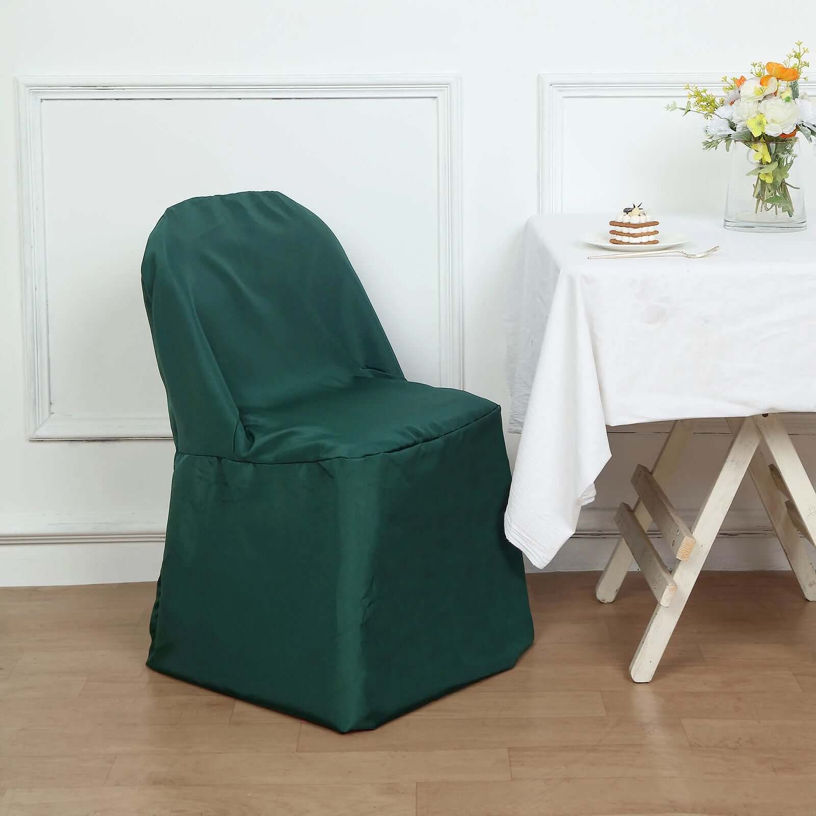 Polyester Slip On Folding Chair Covers Hunter Emerald Green - Stain-Resistant Reusable Durable Fabric