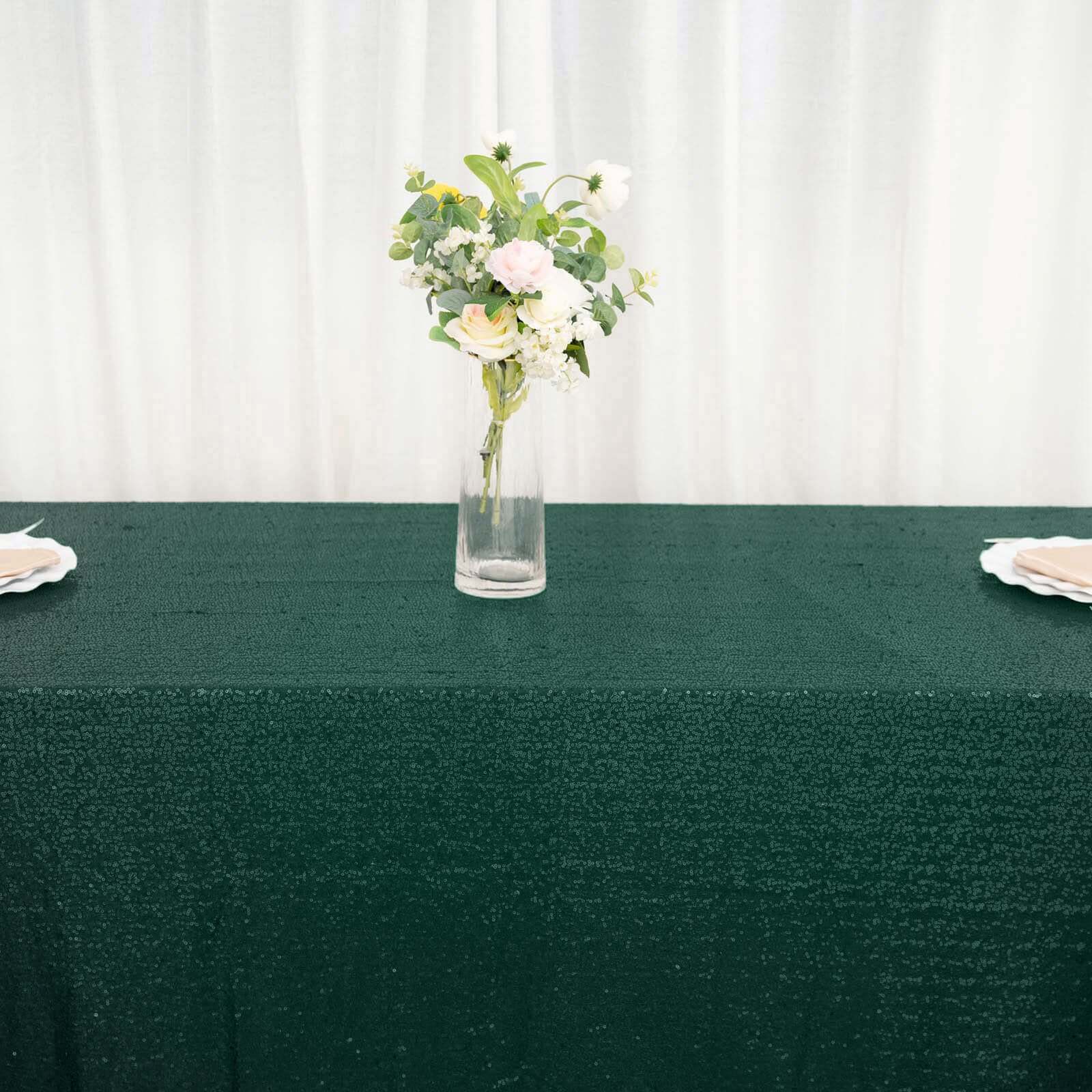 Sequin 90"x132" Rectangle Tablecloth Hunter Emerald Green - Seamless Sparkly Table Cover