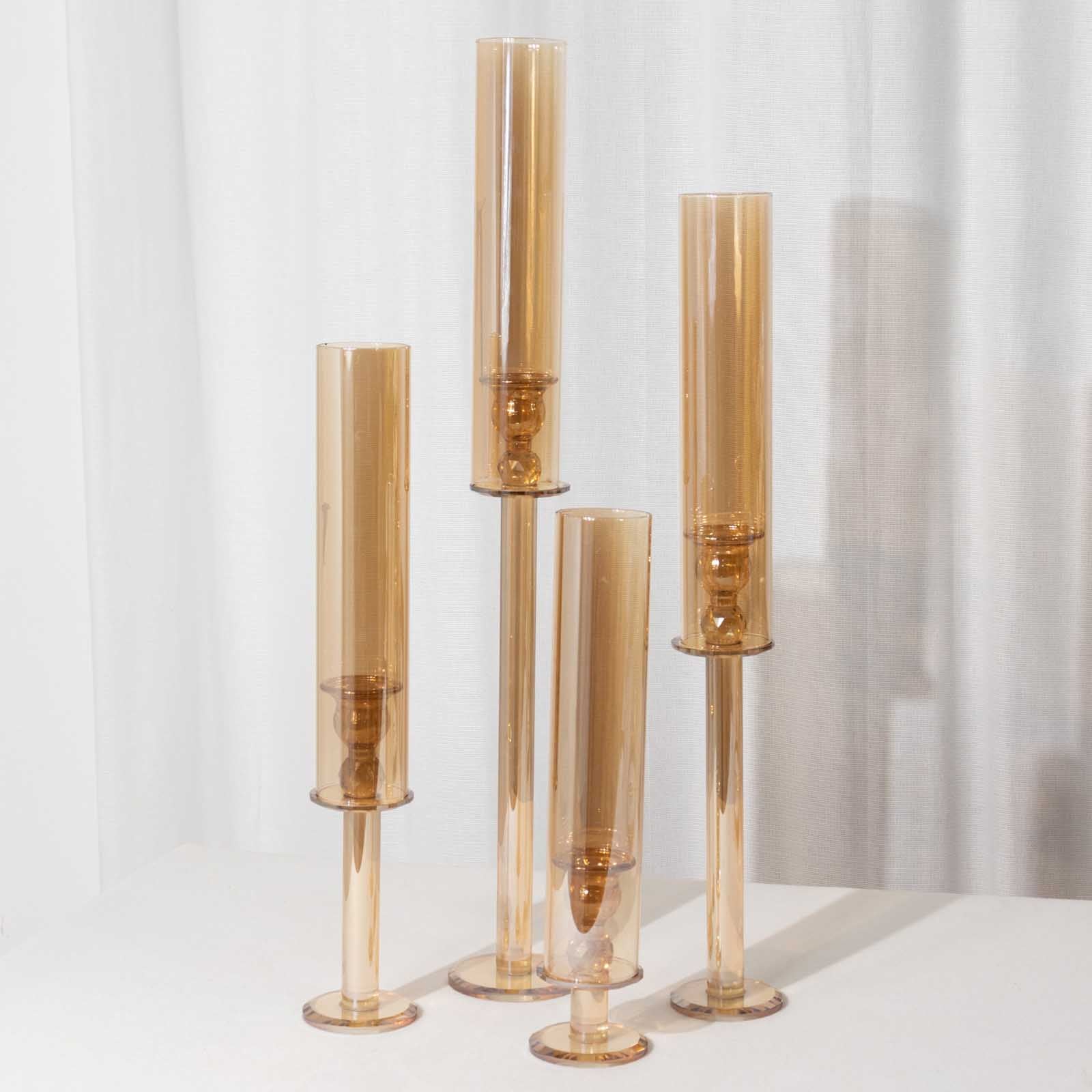 Set of 4 Crystal Glass Hurricane Taper Candle Holders, Decorative Tall Candle Stands Gold Cylinder Chimney Tubes 14", 18", 22", 26"