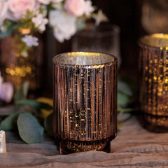 3-Pack Mercury Glass Hurricane Candle Holders Rose Gold Wavy Column Design - Votive Pillar Vase 5"