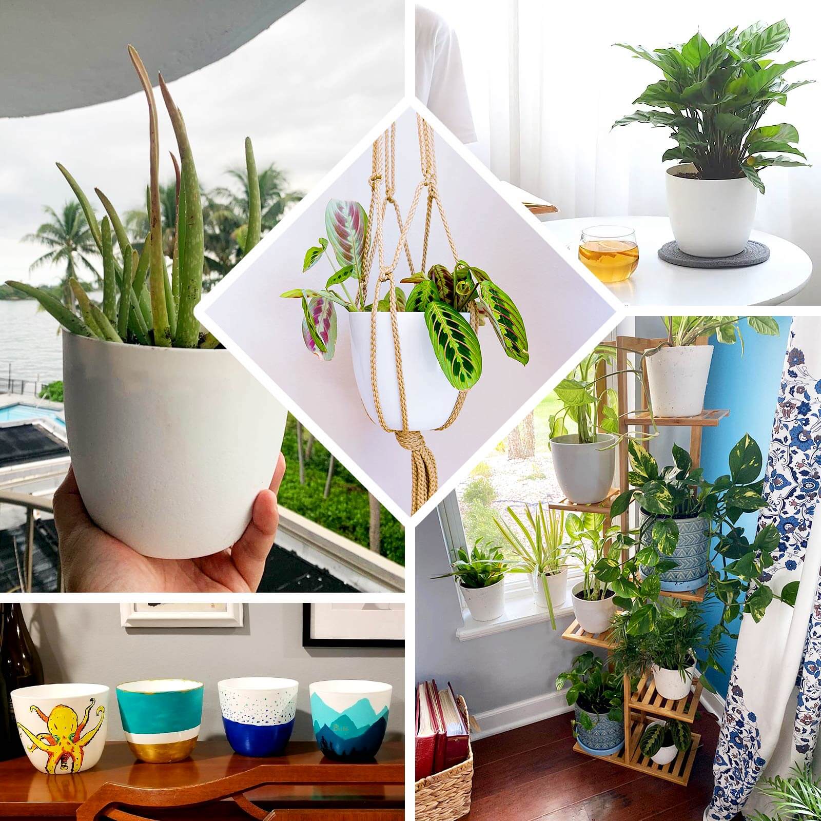 2-Pack Planter Pots Indoor Macrame Holder Design White - Plastic Plant Pots 5.5"