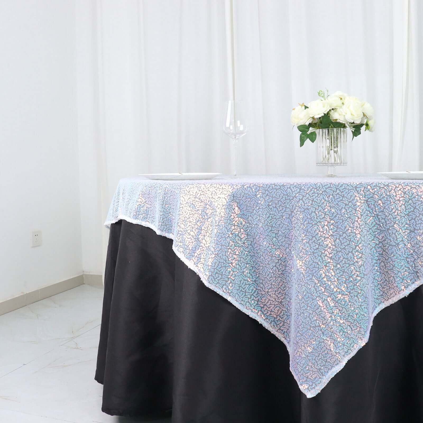 Sequin 60"x60" Table Overlay Square Tablecloth Irisdescent Blue - Luxe Wedding Table Topper