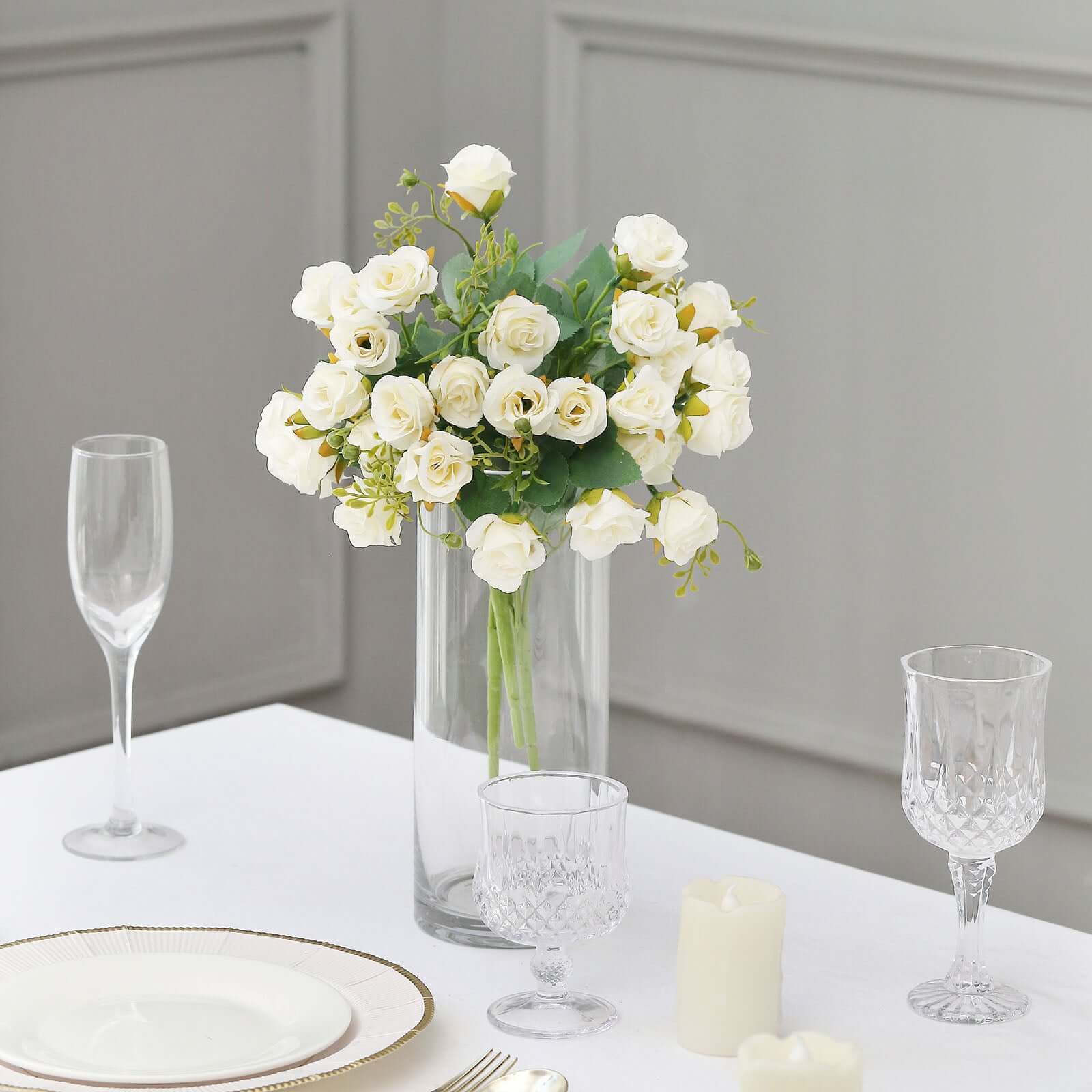 2 Pack 12" Ivory Artificial Open Rose Flower Arrangements, Small Faux Floral Bouquets