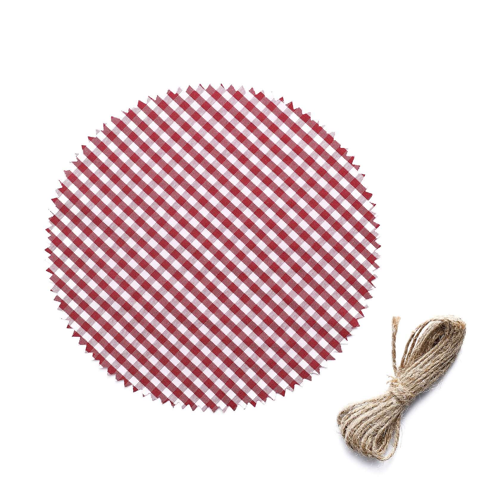 6 Pack 6" Red White Gingham Mason Jar Cloth Lid Covers, Checkered Jam Jar Covers with Jute String