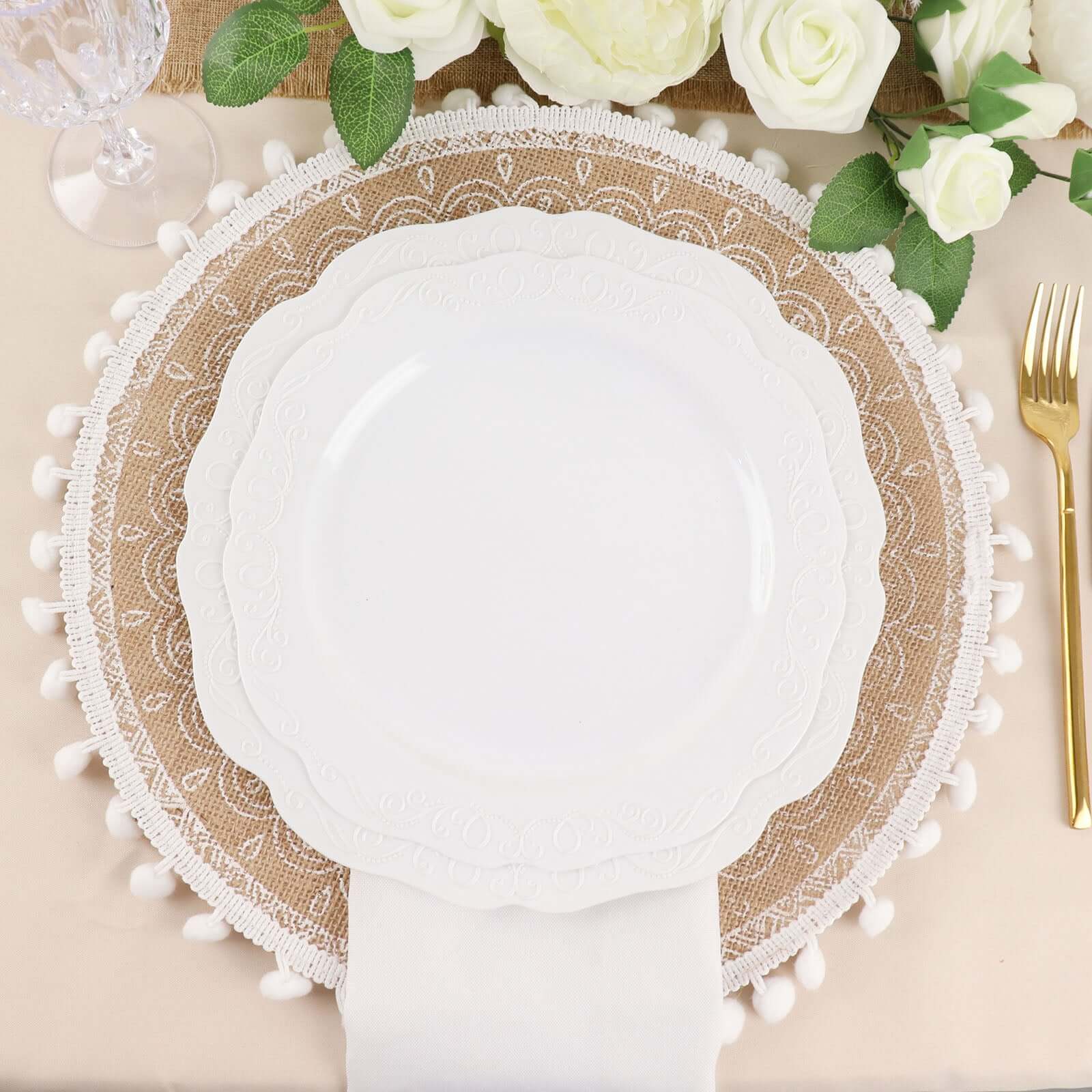 4-Pack Placemats Embroidery Mandala Print Design Natural Jute and White Round - Rustic Burlap Tassel Style with Beaded Trim 15"
